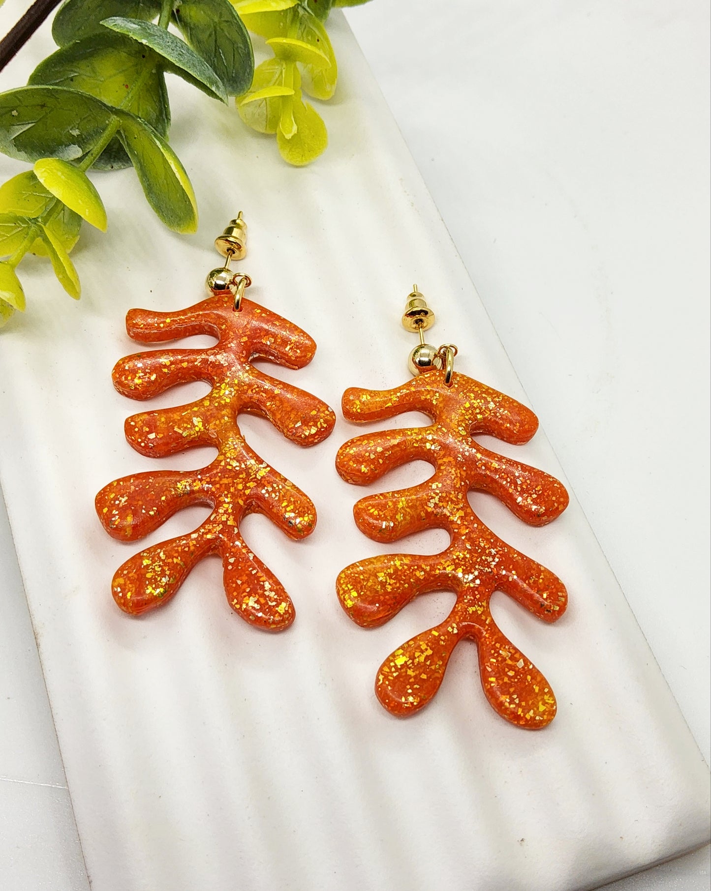 CORAL SHAPED AMBER POLYMER CLAY EARRINGS