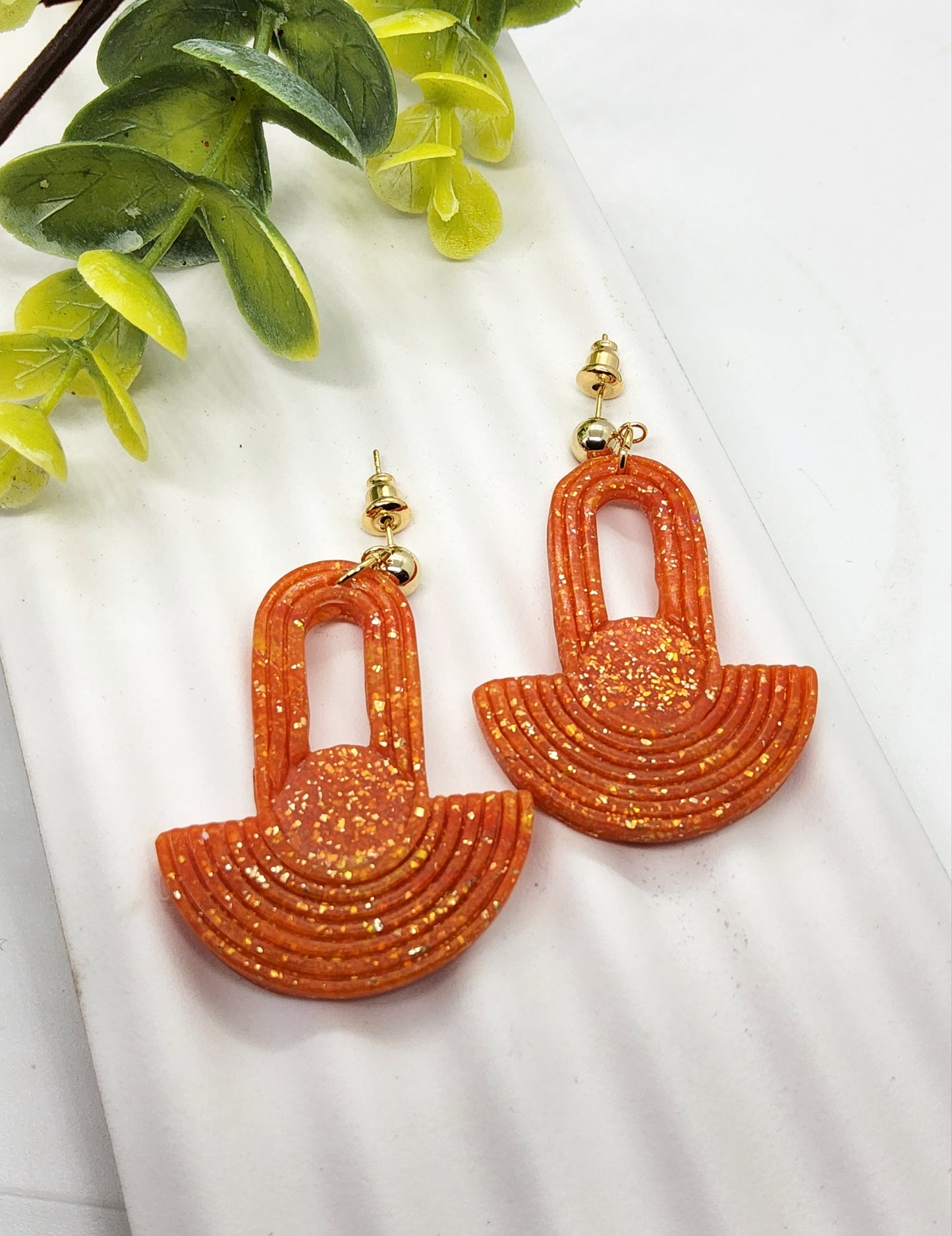 ART DECO AMBER GLITTER POLYMER CLAY EARRINGS