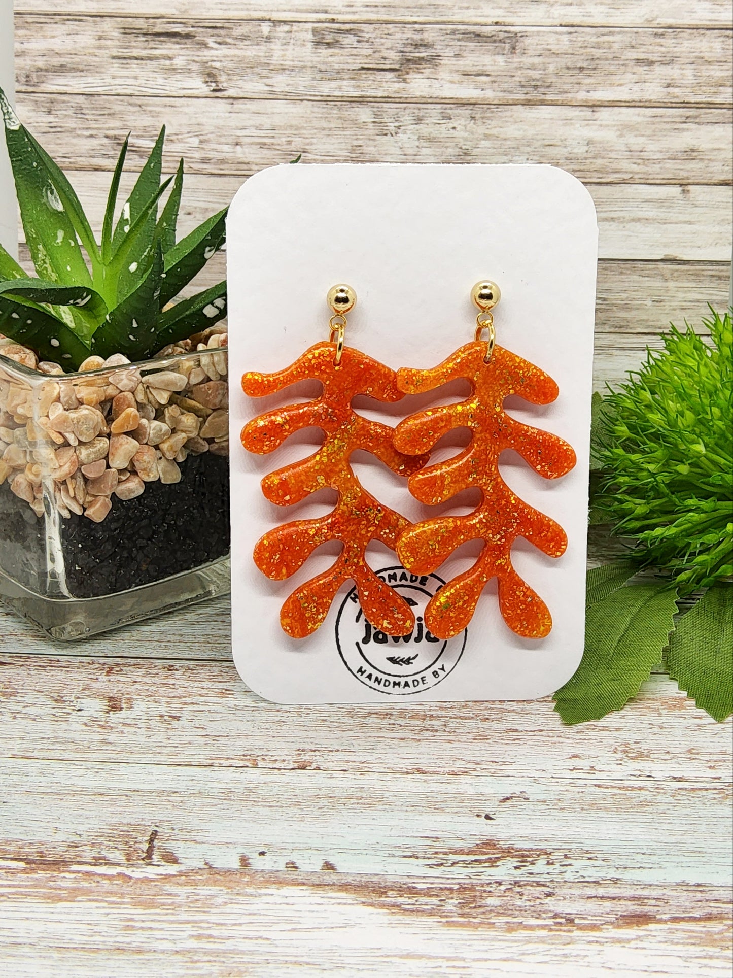 CORAL SHAPED AMBER POLYMER CLAY EARRINGS