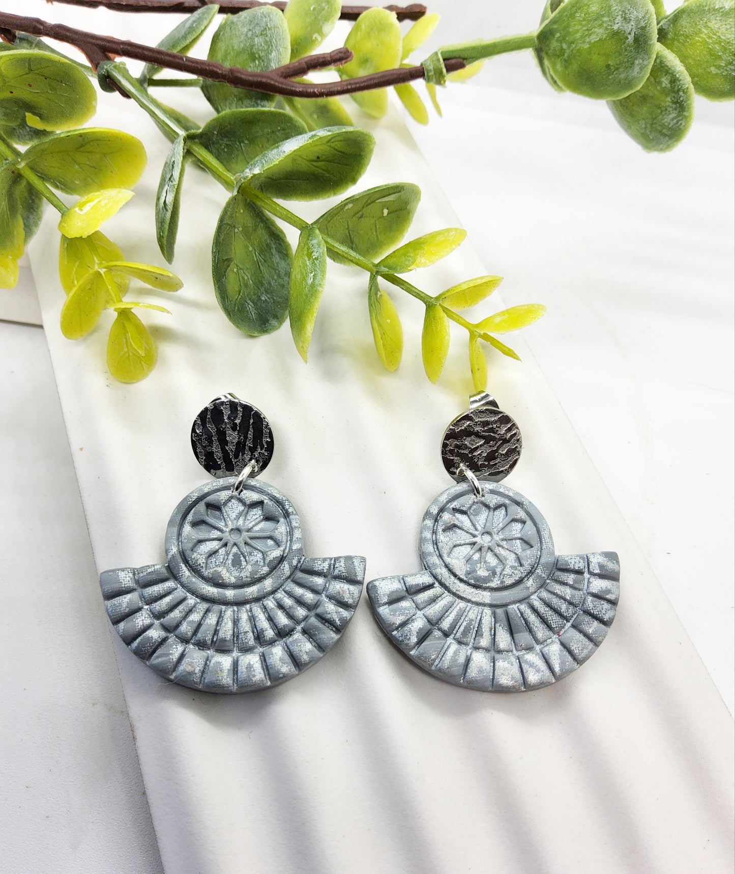 SILVER ART DECO POLYMER CLAY EARRINGS