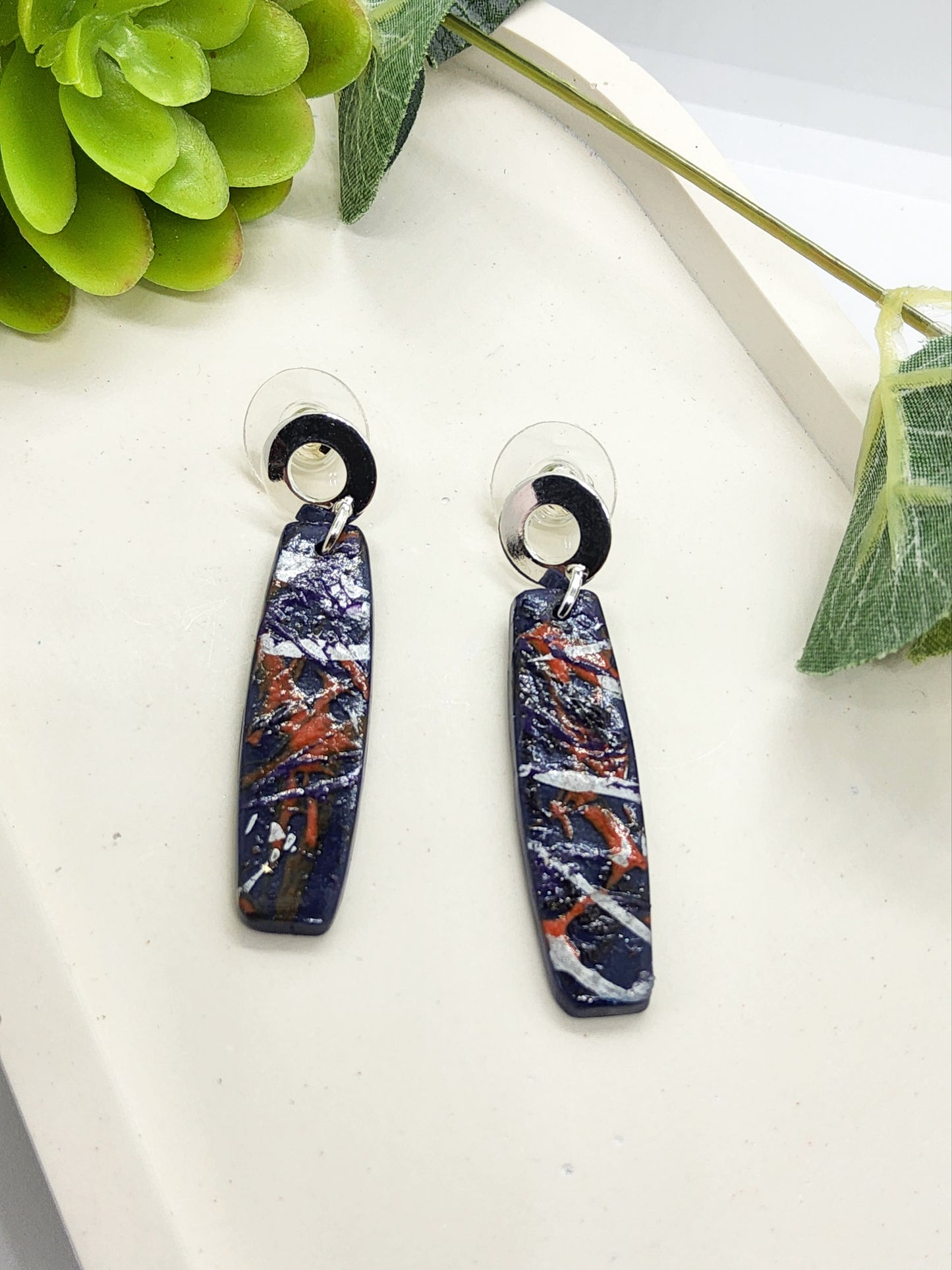 NAVY BLUE, RUST AND SILVER POLYMER CLAY EARRINGS