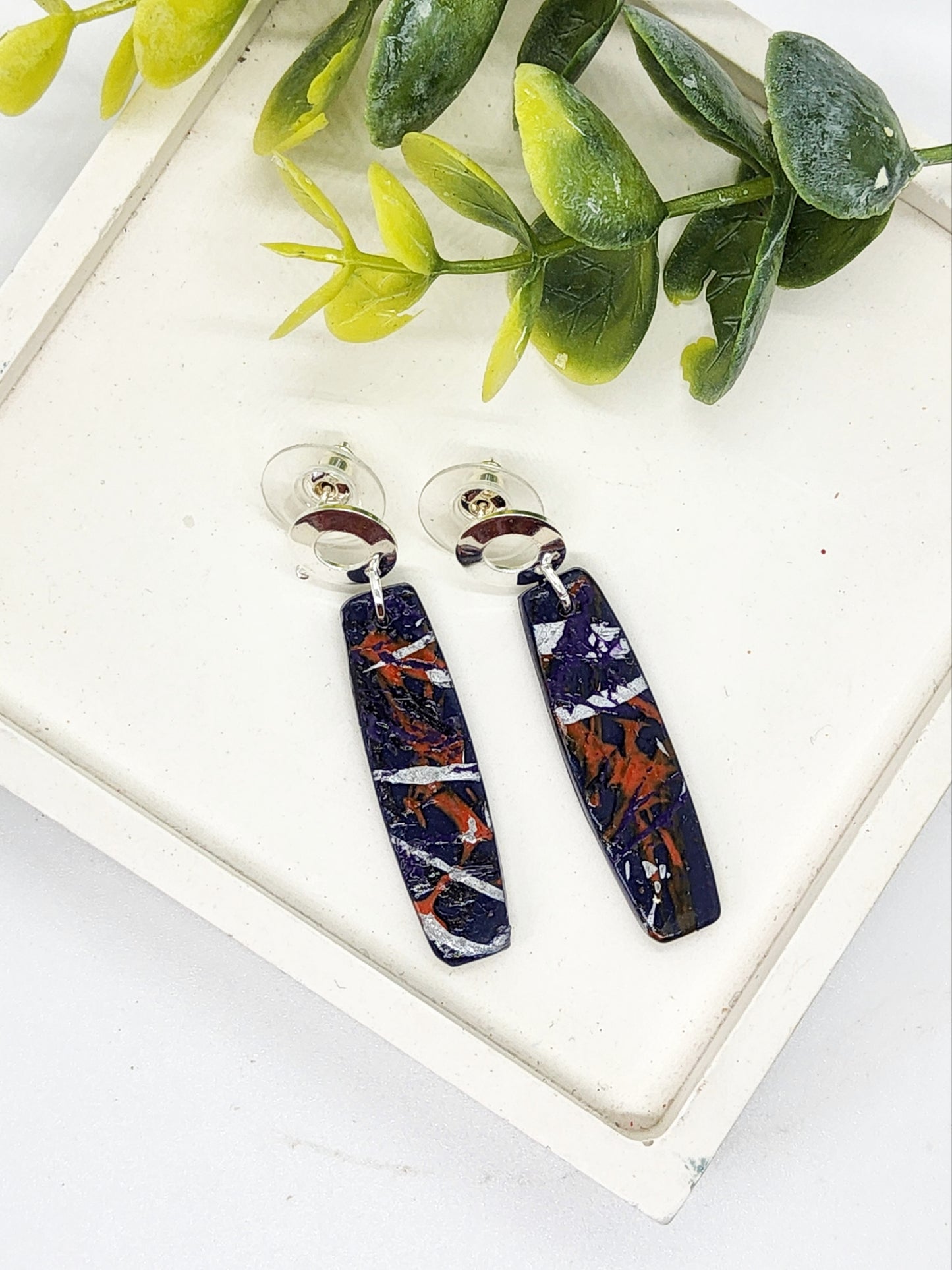 NAVY BLUE, RUST AND SILVER POLYMER CLAY EARRINGS