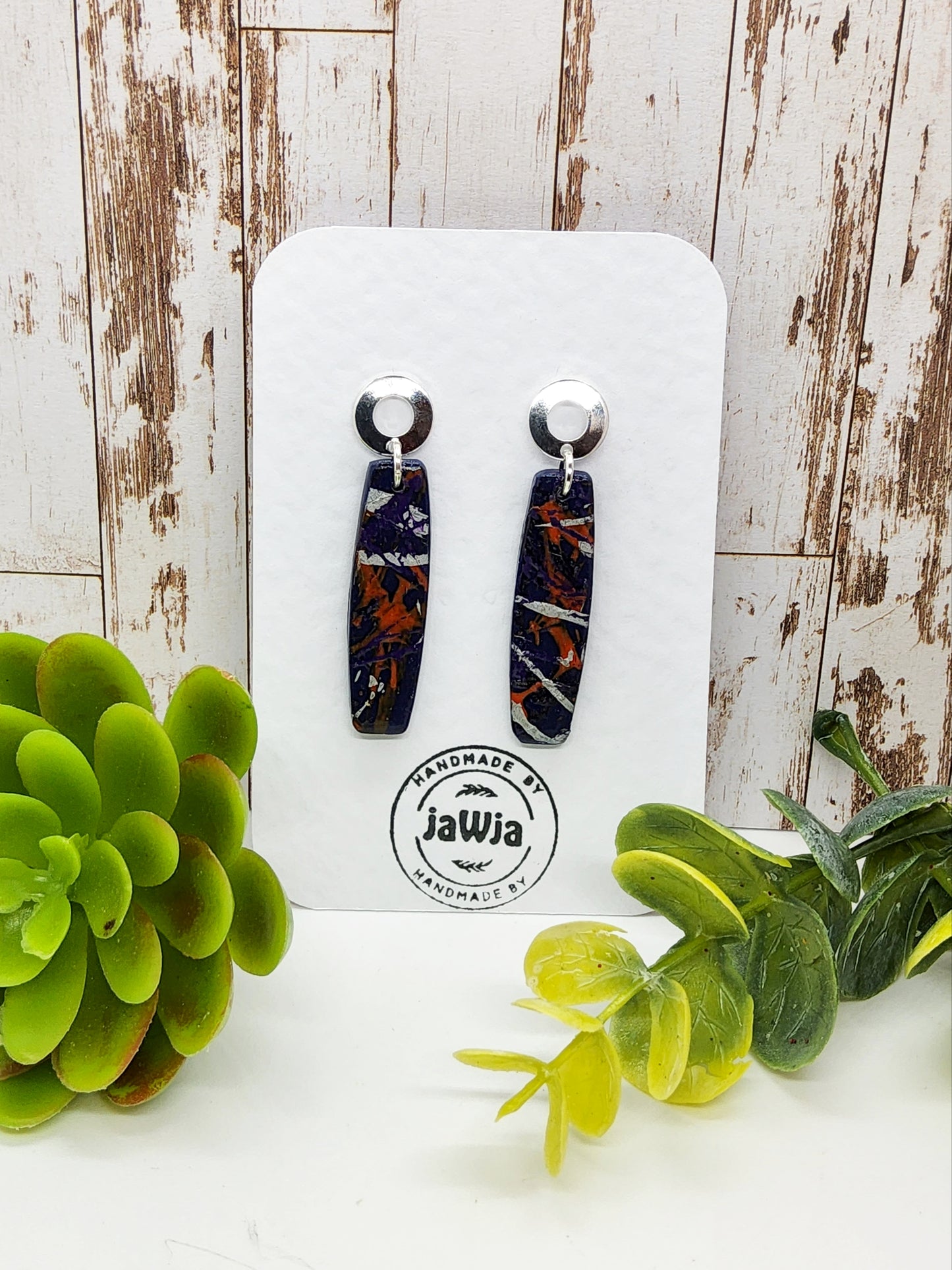 NAVY BLUE, RUST AND SILVER POLYMER CLAY EARRINGS