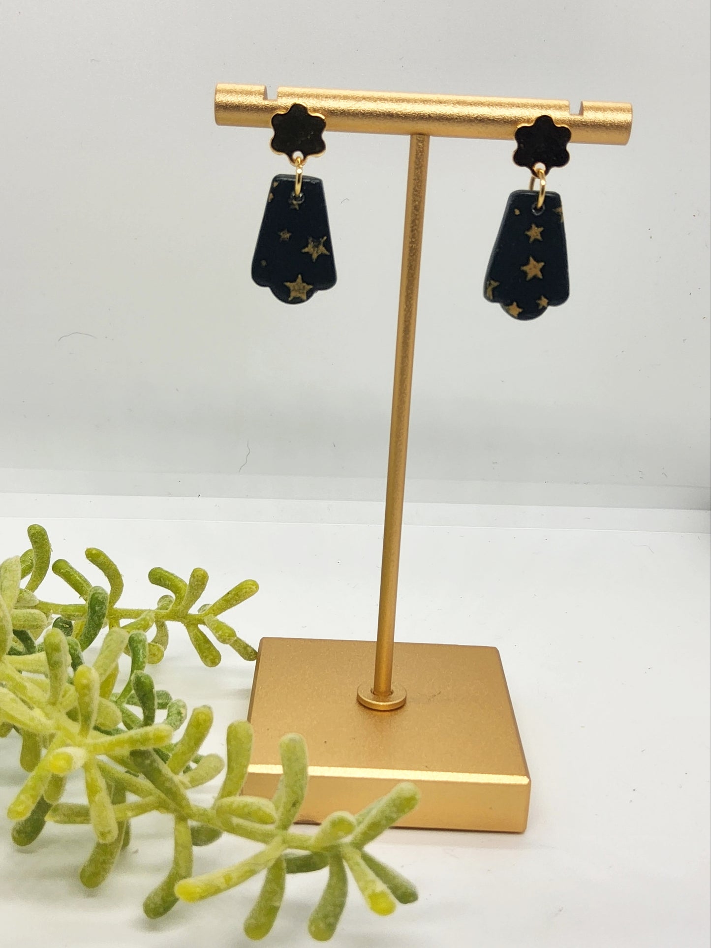 DARK GREEN AND GOLD STAR POLYMER CLAY EARRINGS