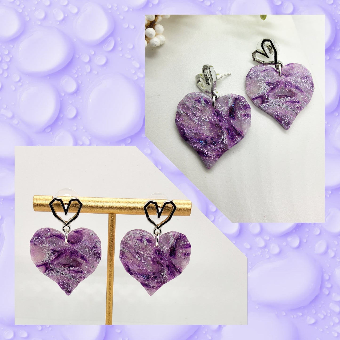 LILAC AND PURPLE MARBLED HEART EARRINGS