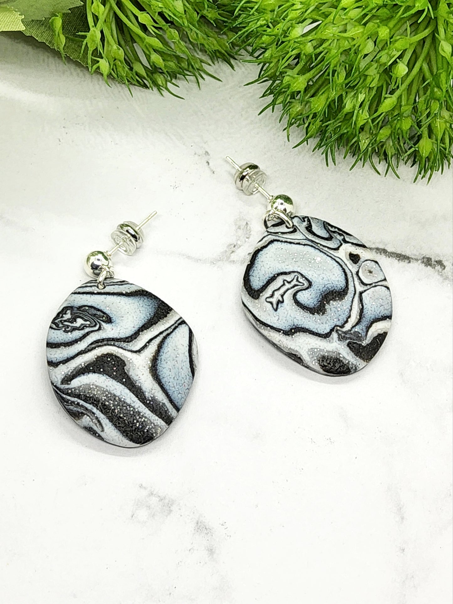 BLACK, WHITE AND GRANITE GREY MARBLED POLYMER CLAY EARRINGS