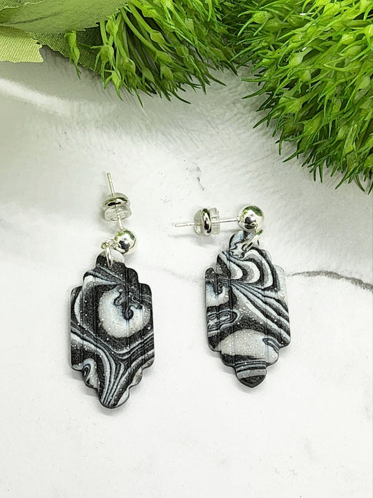 ART DECO BLACK AND GREY MARBLE POLYMER CLAY EARRINGS