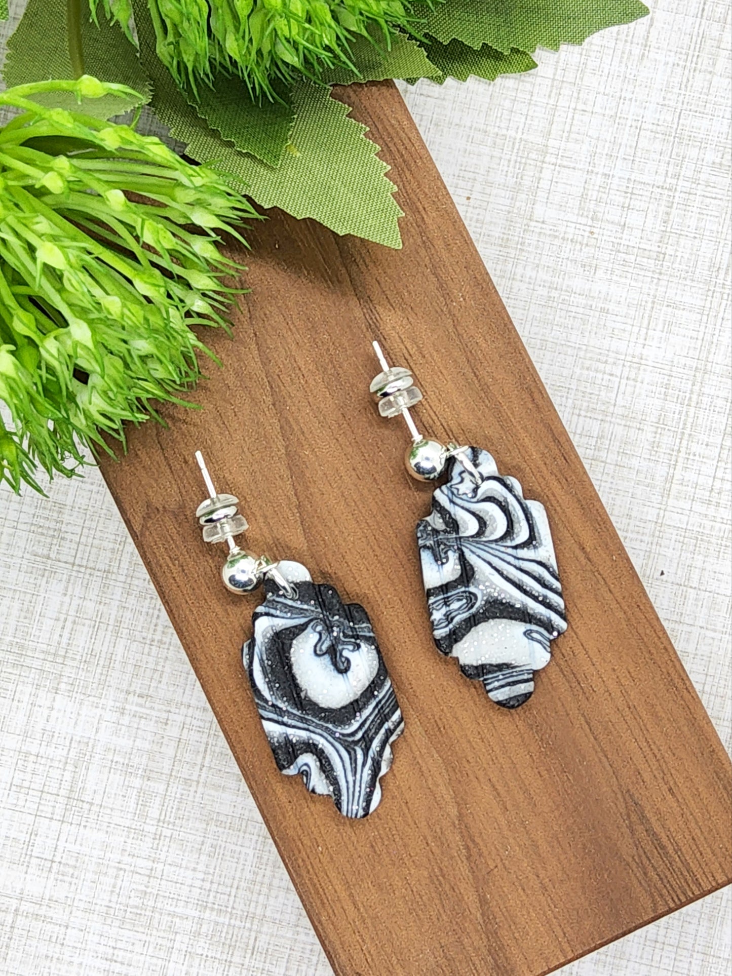 ART DECO BLACK AND GREY MARBLE POLYMER CLAY EARRINGS