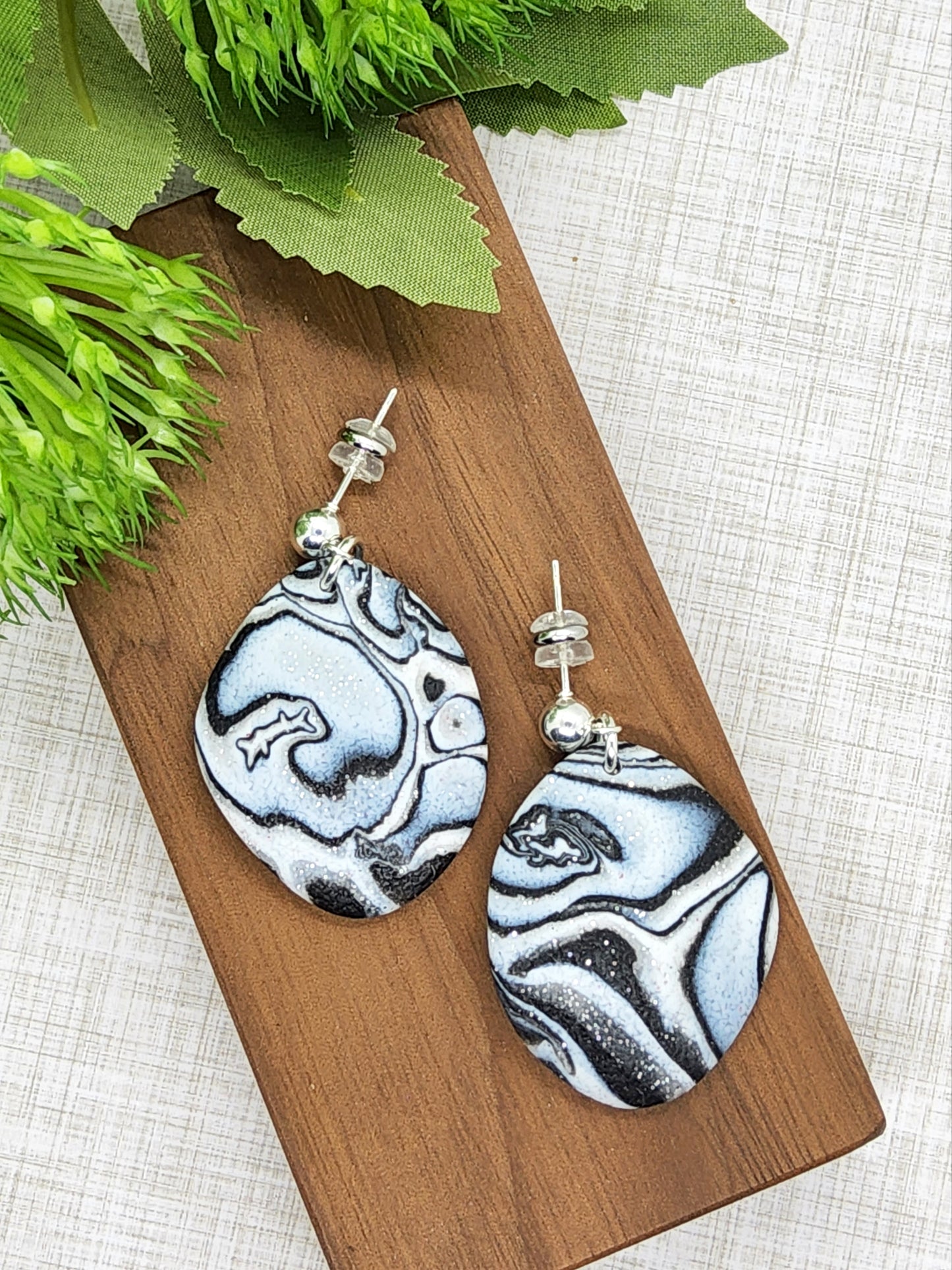 BLACK, WHITE AND GRANITE GREY MARBLED POLYMER CLAY EARRINGS