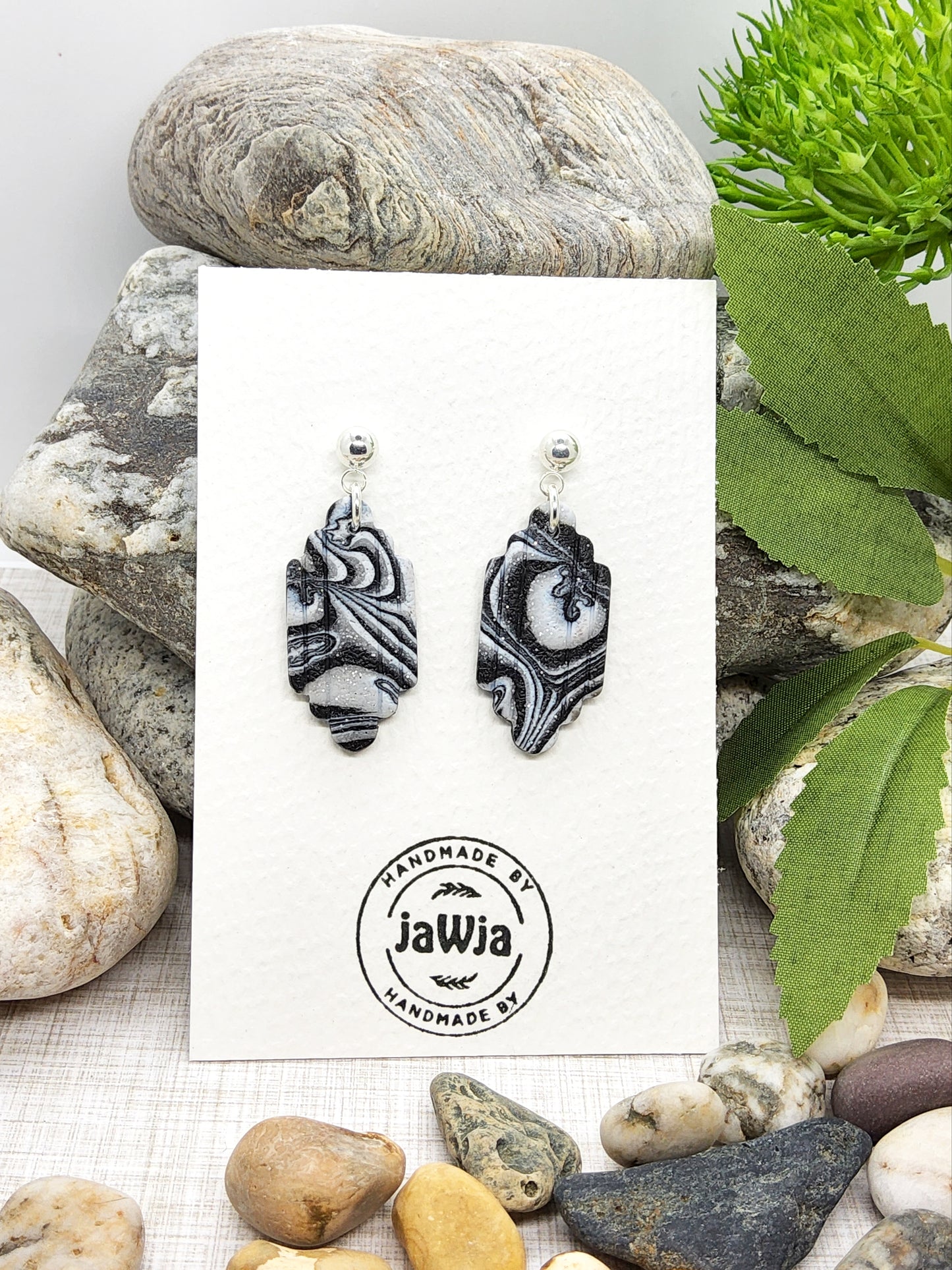 ART DECO BLACK AND GREY MARBLE POLYMER CLAY EARRINGS