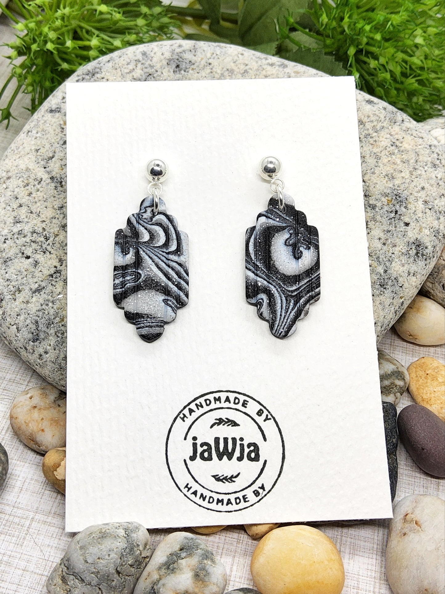 ART DECO BLACK AND GREY MARBLE POLYMER CLAY EARRINGS