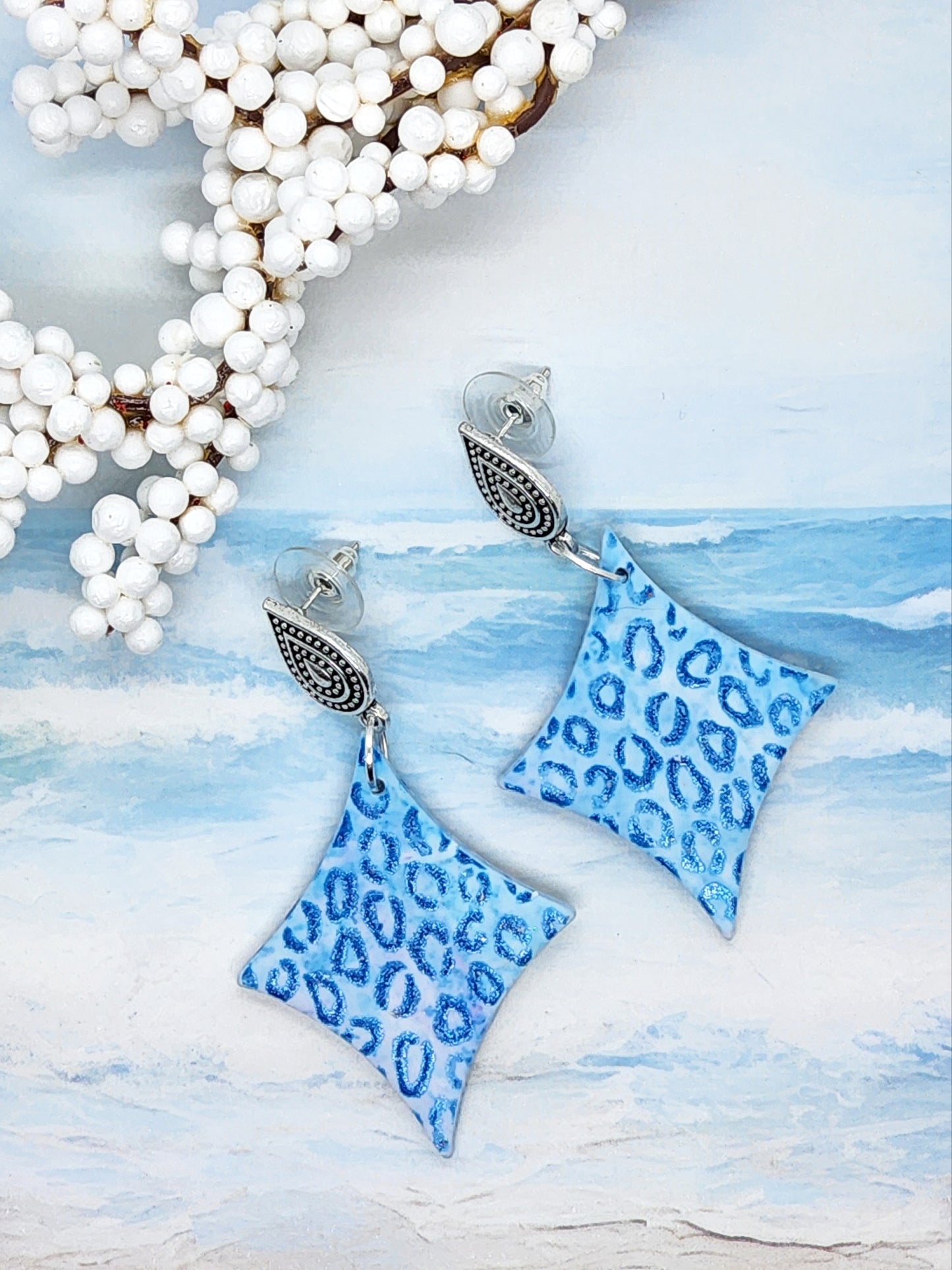 BLUE ANIMAL PRINT POLYMER CLAY EARRINGS