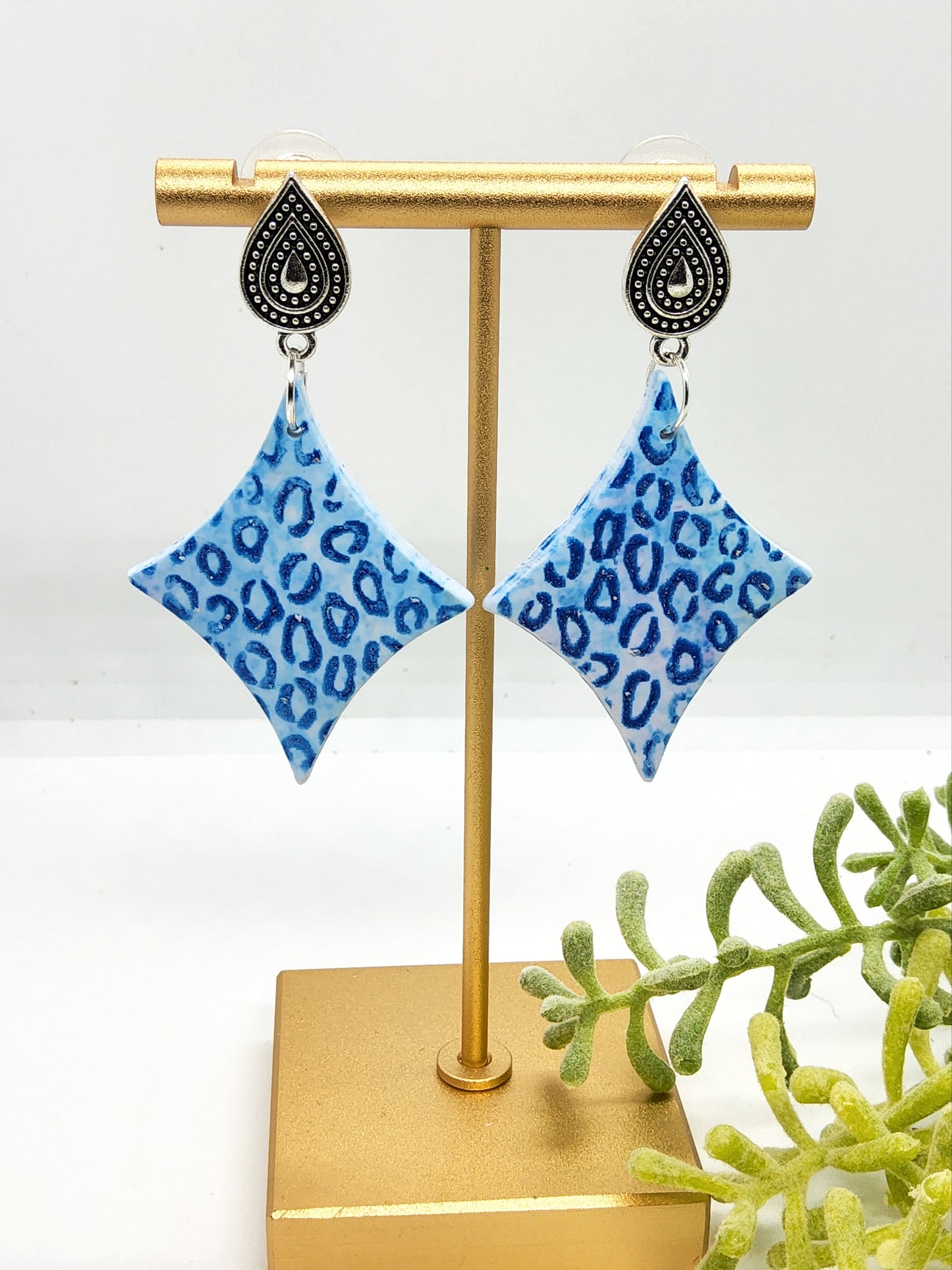 BLUE ANIMAL PRINT POLYMER CLAY EARRINGS