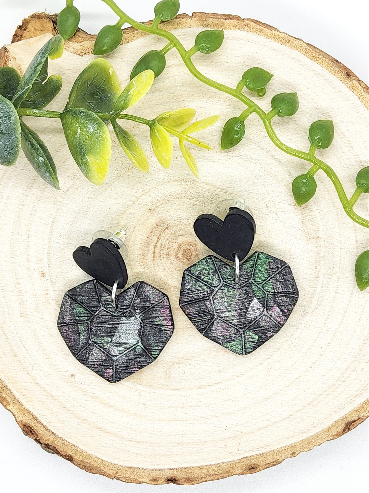 BLACK EMBOSSED POLYMER CLAY EARRINGS