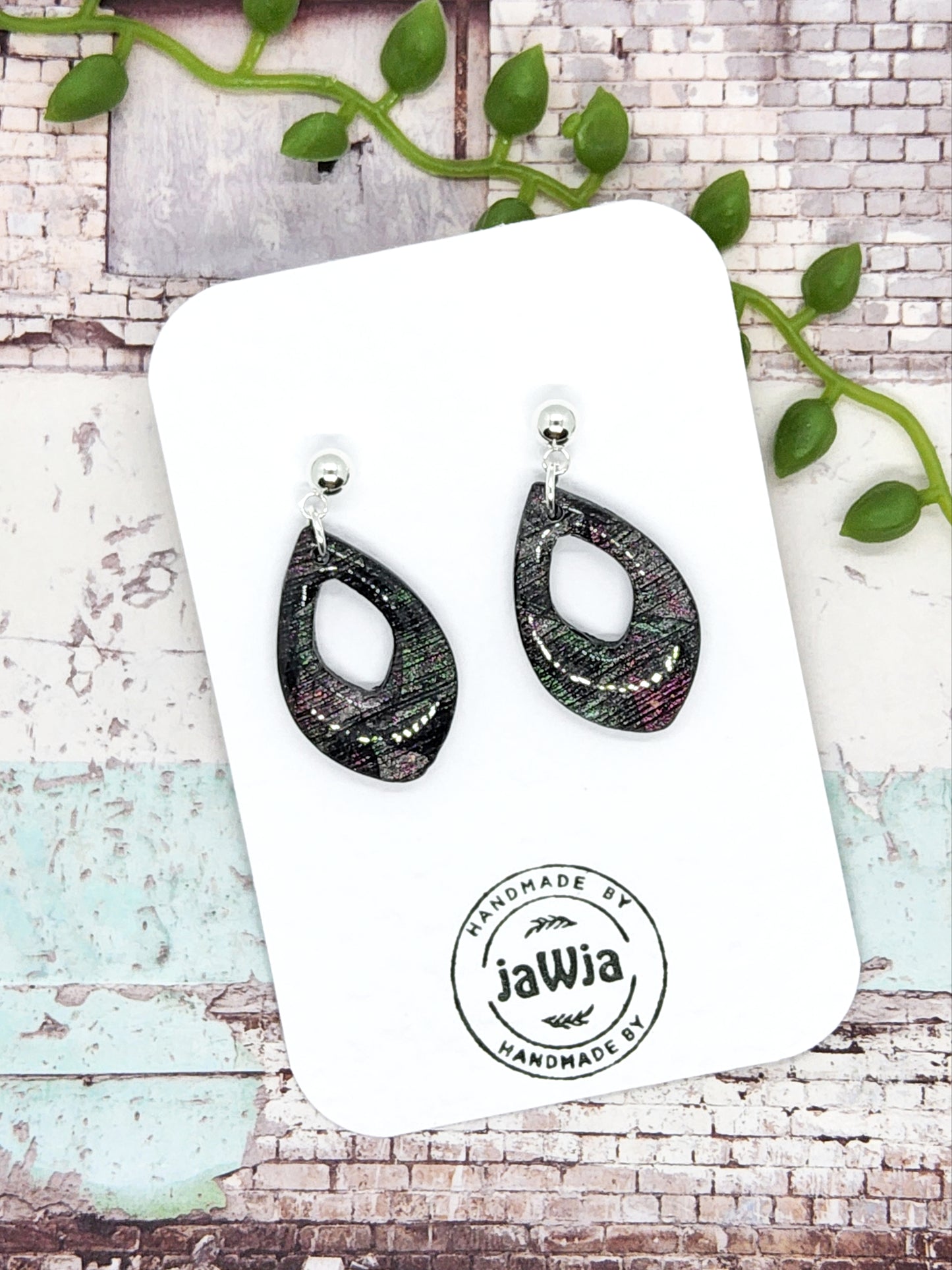 SHIMMERY CHARCOAL WITH GREEN AND RED POLYMER CLAY EARRINGS