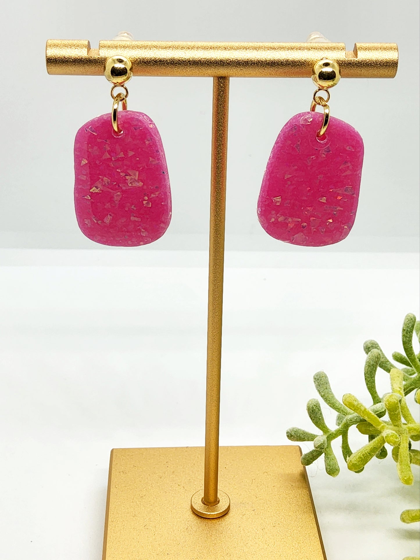 SHOCKING PINK REFLECTIVE POLYMER CLAY EARRINGS