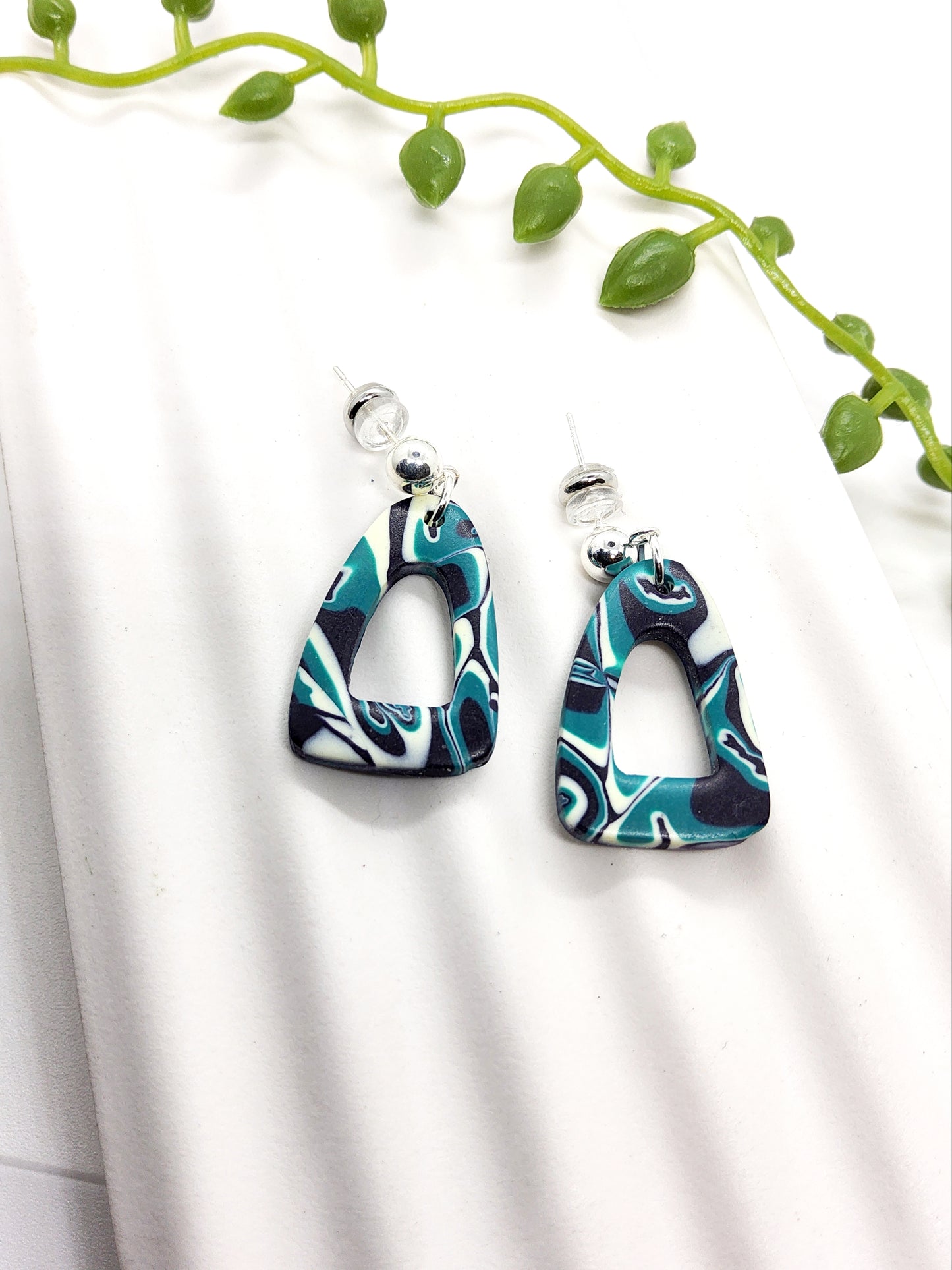 NAVY, TEAL AND PALE LEMON POLYMER CLAY EARRINGS