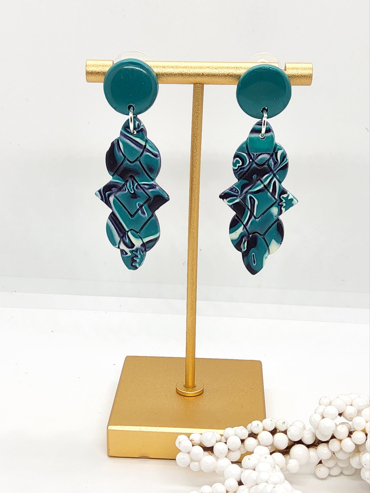 TEAL, NAVY AND PALE YELLOW POLYMER CLAY EARRINGS