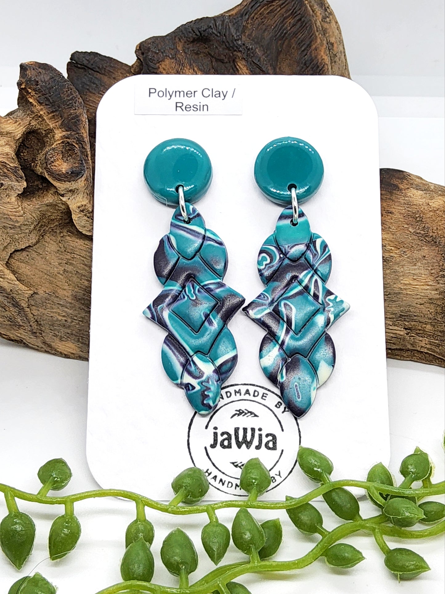 TEAL, NAVY AND PALE YELLOW POLYMER CLAY EARRINGS