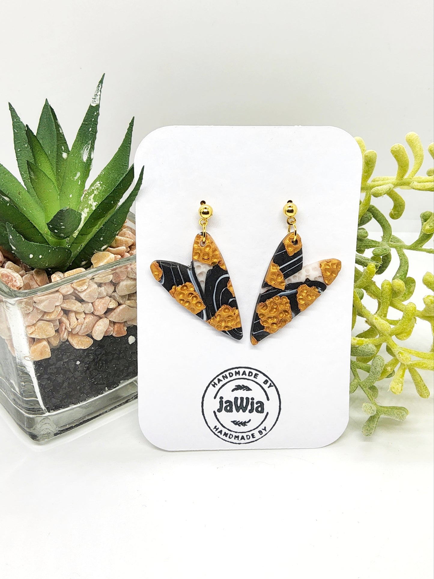 BLACK, WHITE AND GOLD POLYMER CLAY EARRINGS