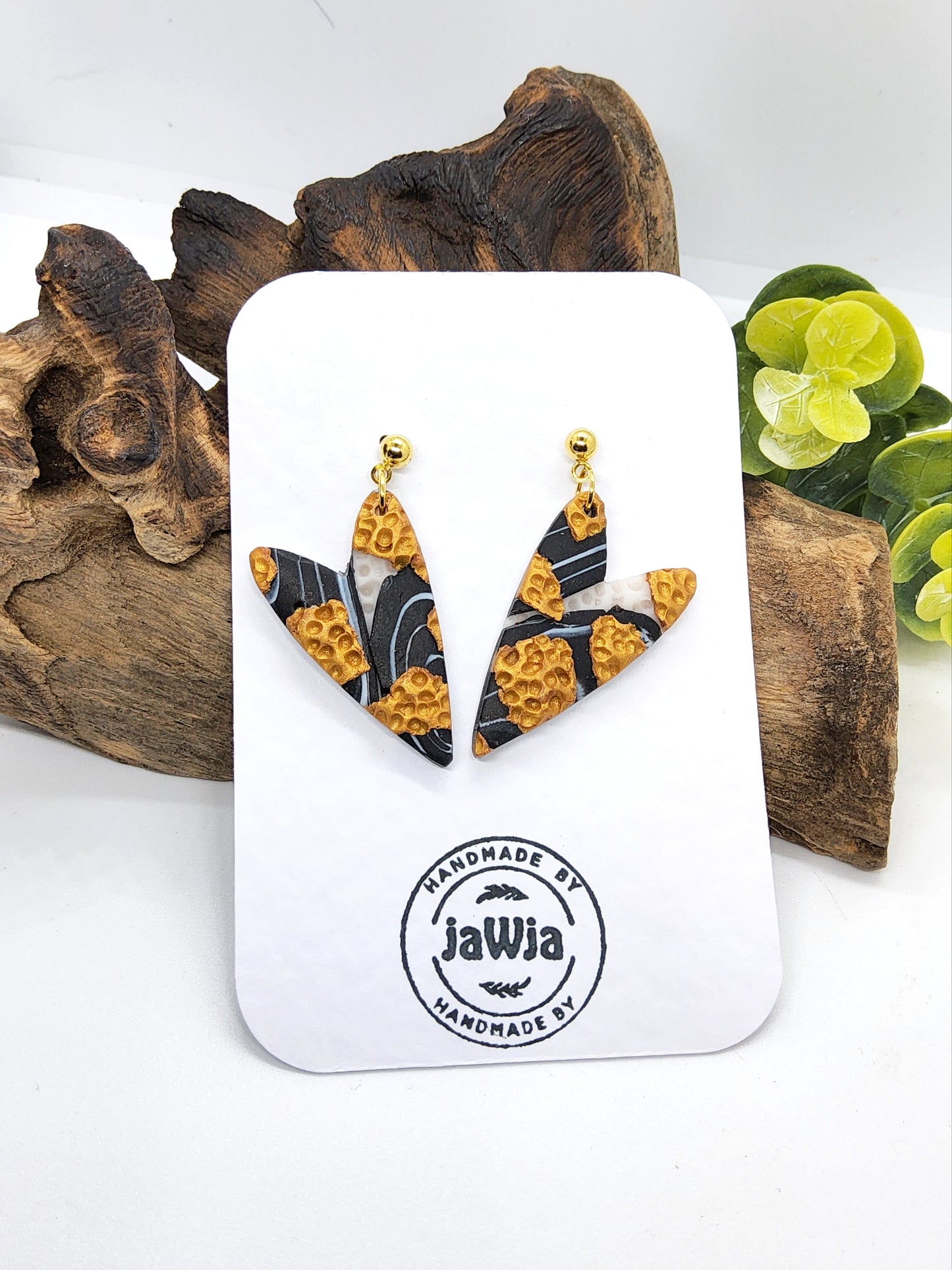 BLACK, WHITE AND GOLD POLYMER CLAY EARRINGS