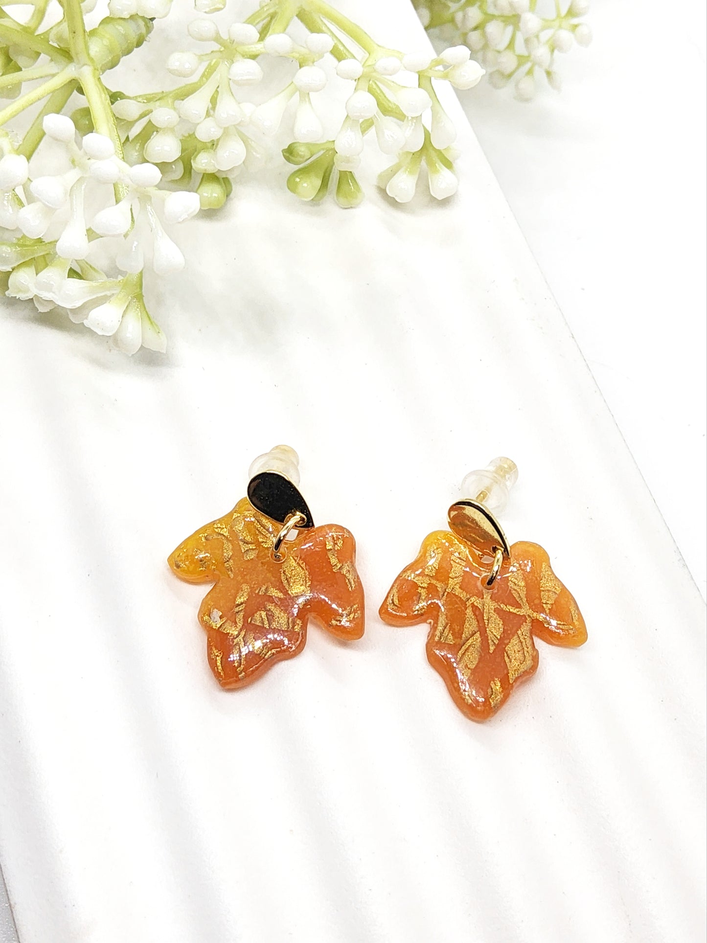 AMBER POLYMER CLAY LEAF EARRINGS