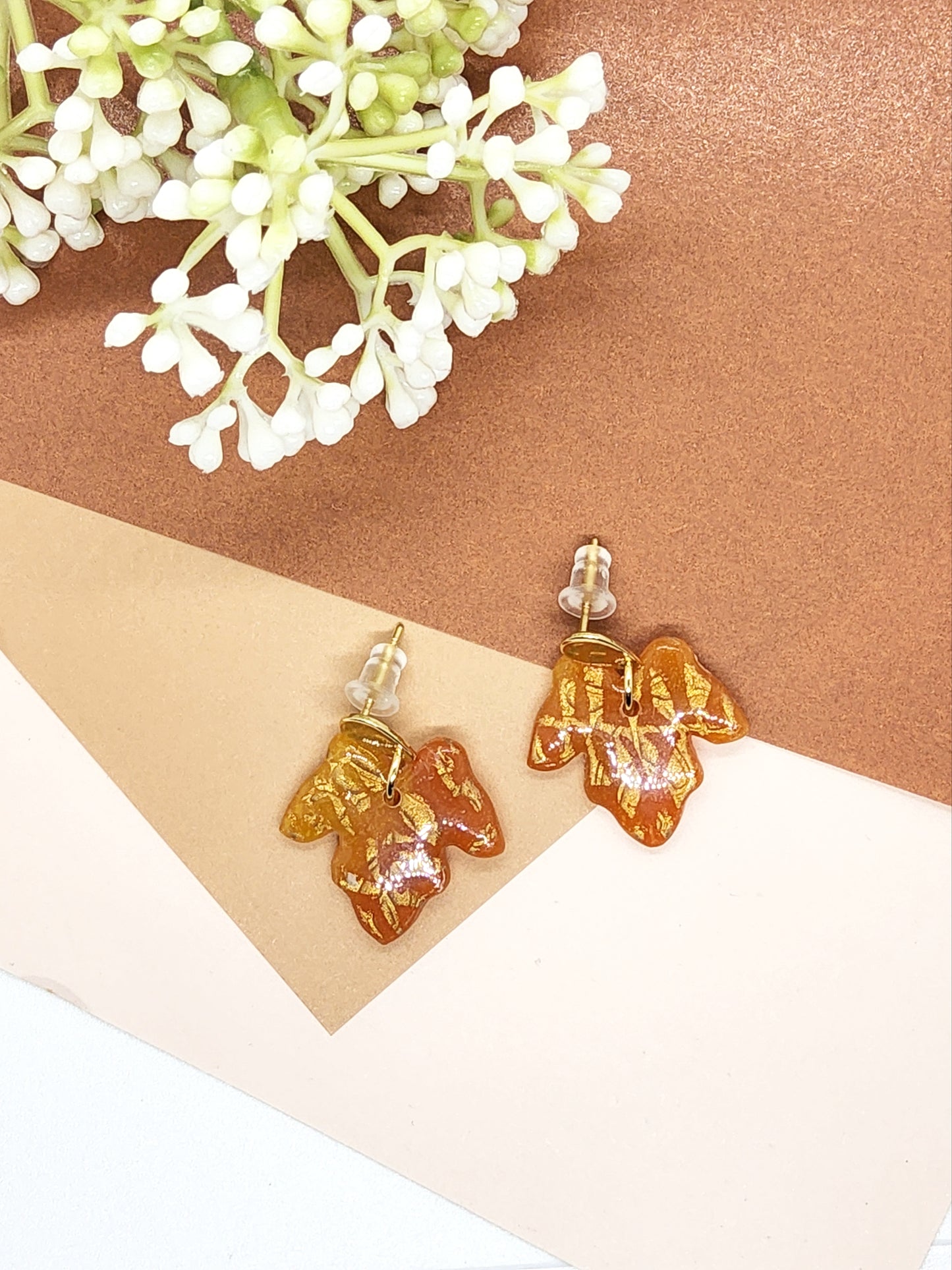 AMBER POLYMER CLAY LEAF EARRINGS