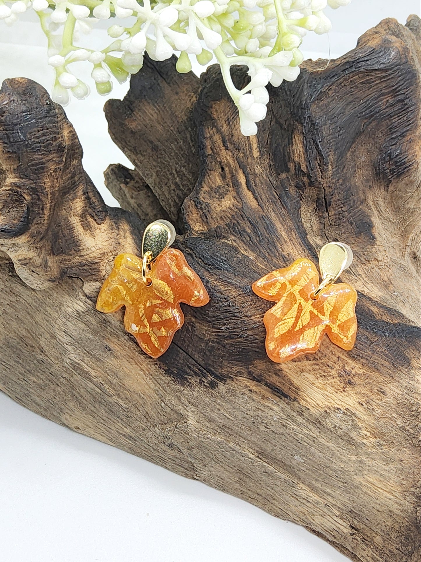 AMBER POLYMER CLAY LEAF EARRINGS