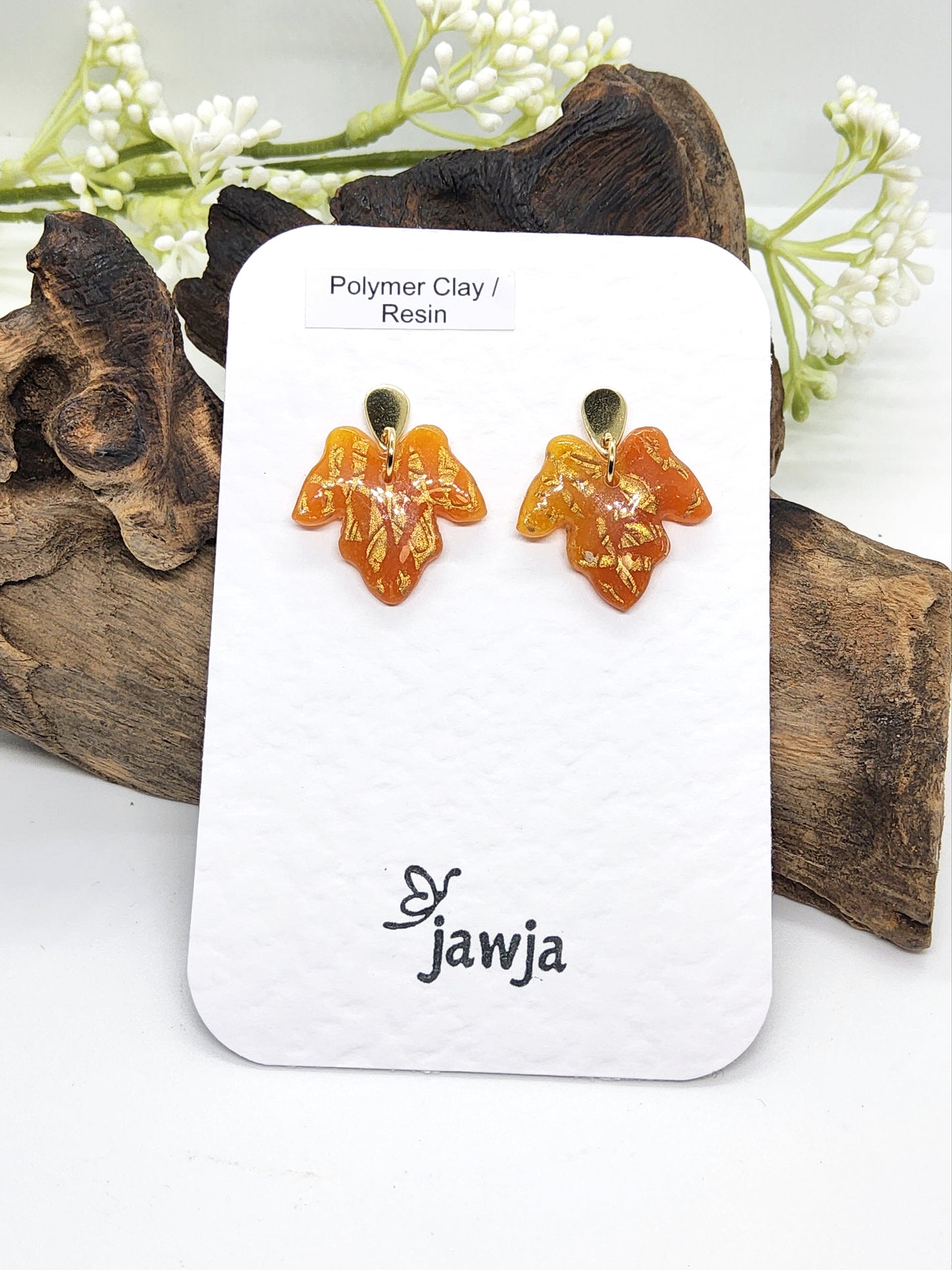 AMBER POLYMER CLAY LEAF EARRINGS