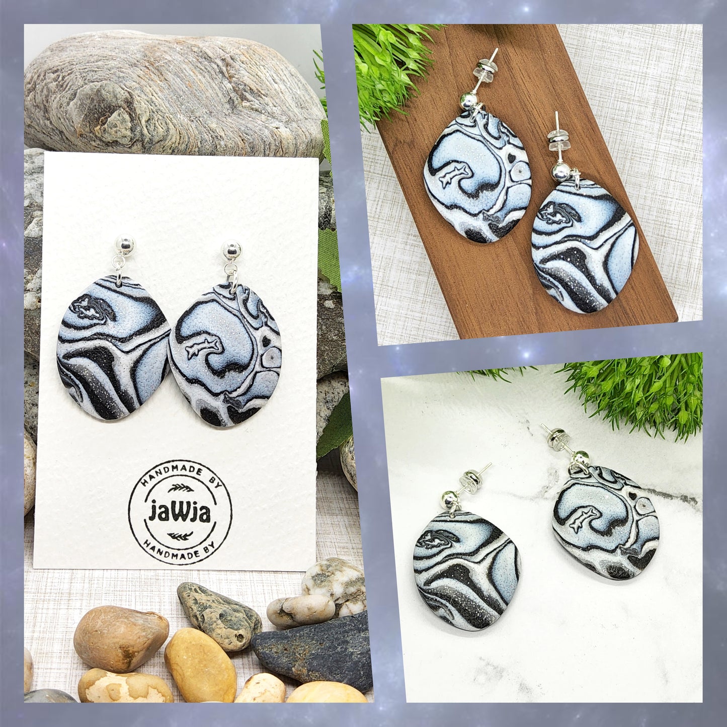 BLACK, WHITE AND GRANITE GREY MARBLED POLYMER CLAY EARRINGS