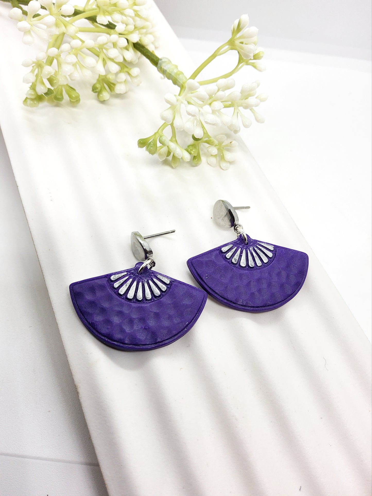 PURPLE FAN POLYMER CLAY EARRINGS