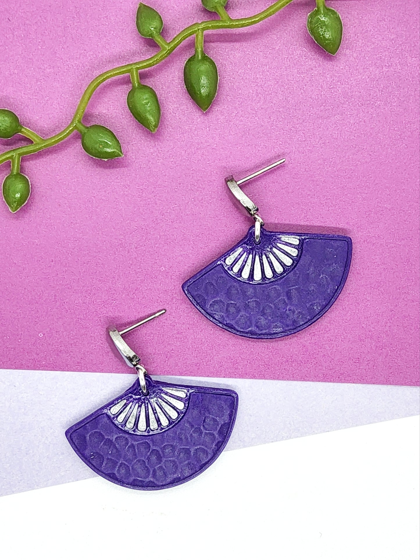 PURPLE FAN POLYMER CLAY EARRINGS