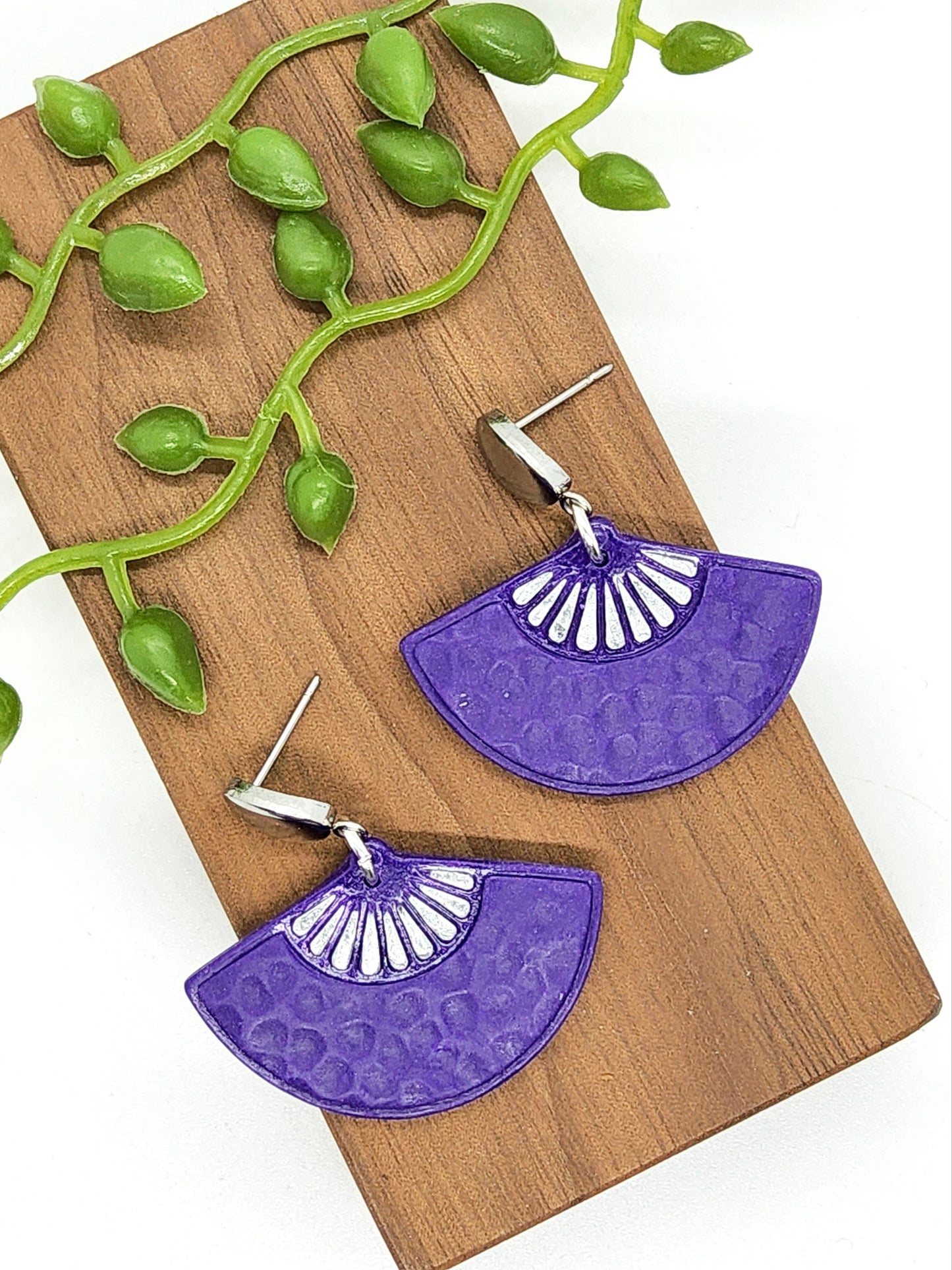 PURPLE FAN POLYMER CLAY EARRINGS