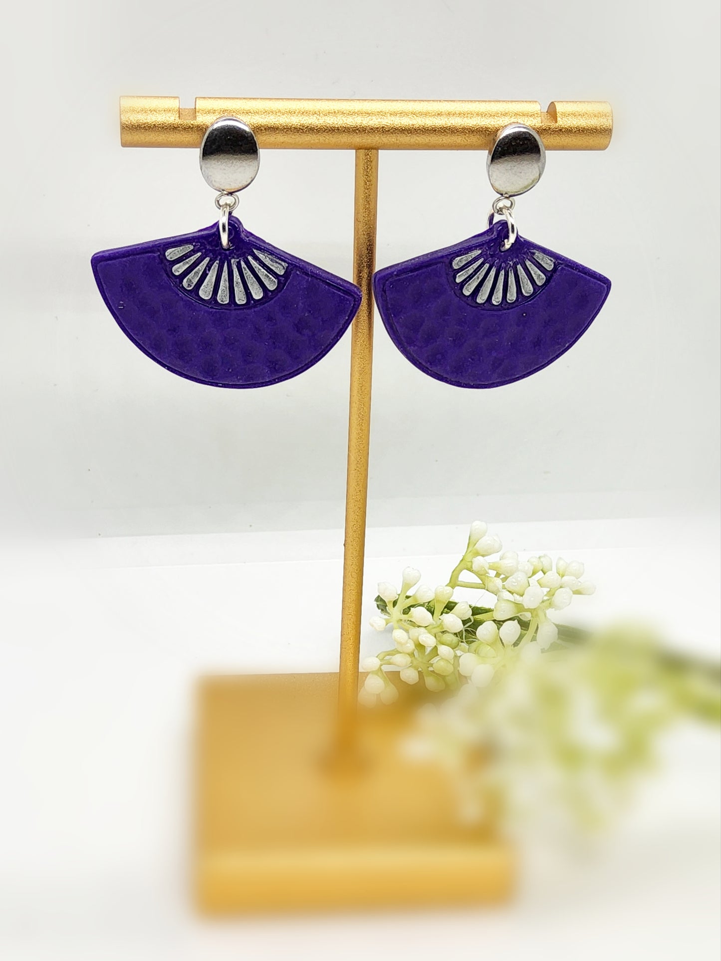 PURPLE FAN POLYMER CLAY EARRINGS