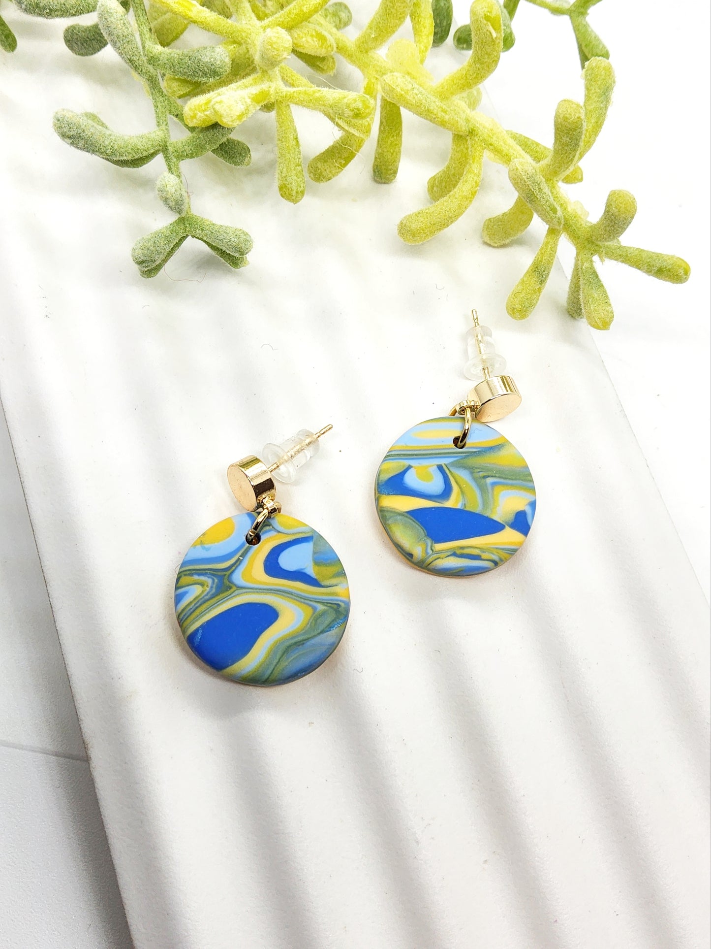 BLUE, YELLOW AND GREEN POLYMER CLAY EARRINGS