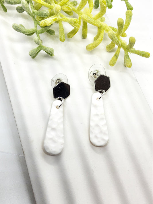 WHITE HAMMERED LONG TEARDROP POLYMER CLAY EARRINGS