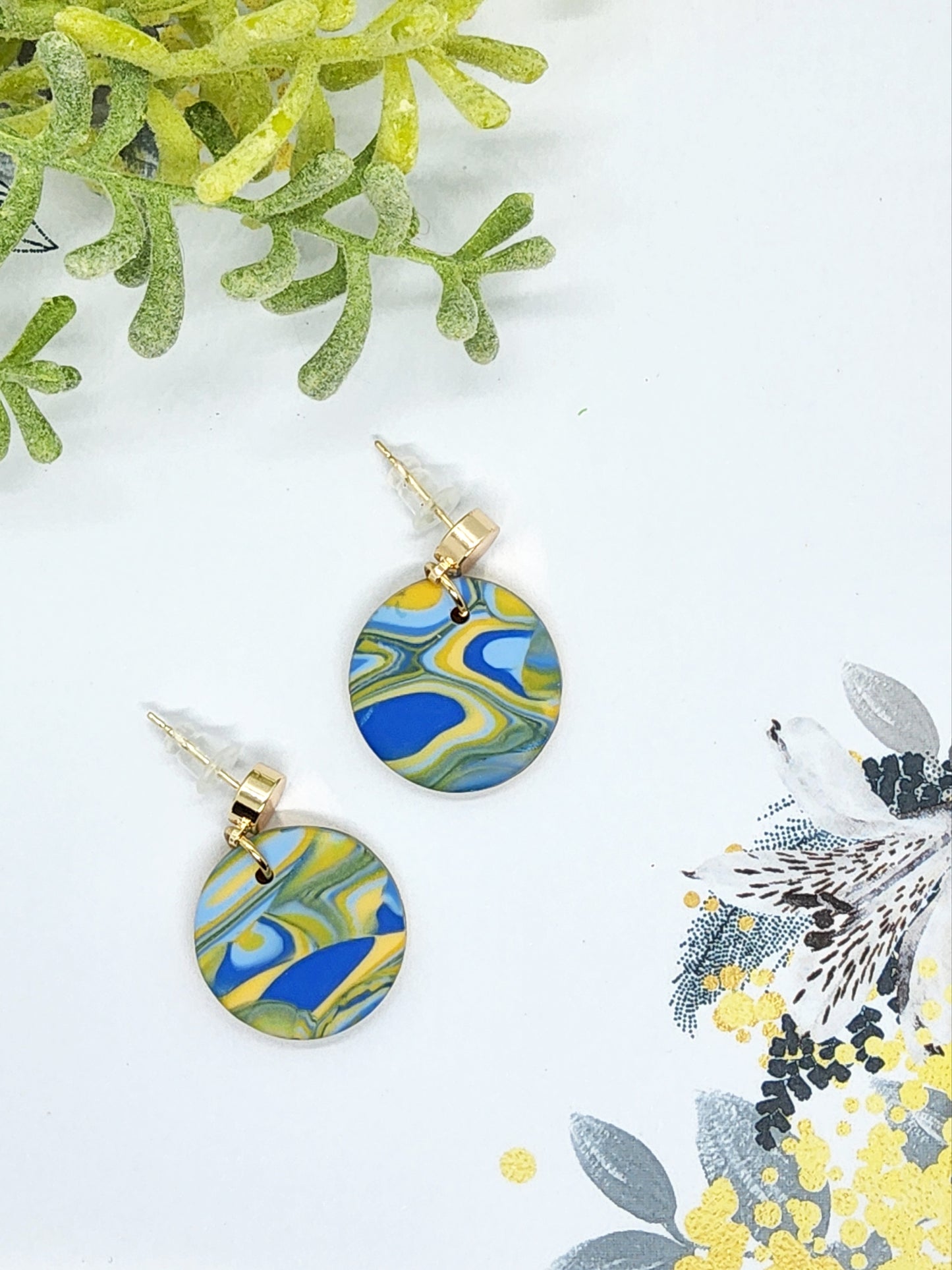 BLUE, YELLOW AND GREEN POLYMER CLAY EARRINGS