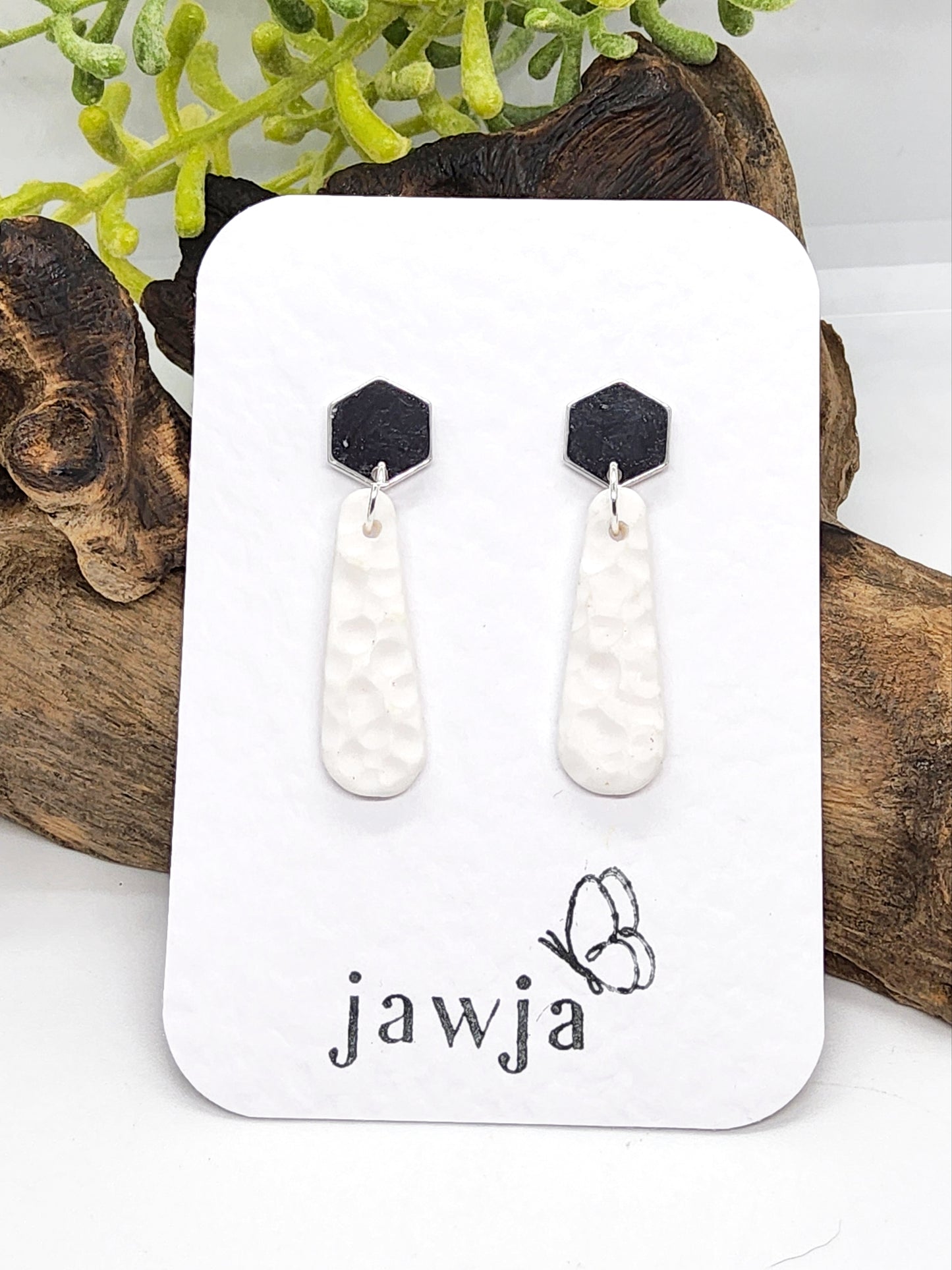 WHITE HAMMERED LONG TEARDROP POLYMER CLAY EARRINGS