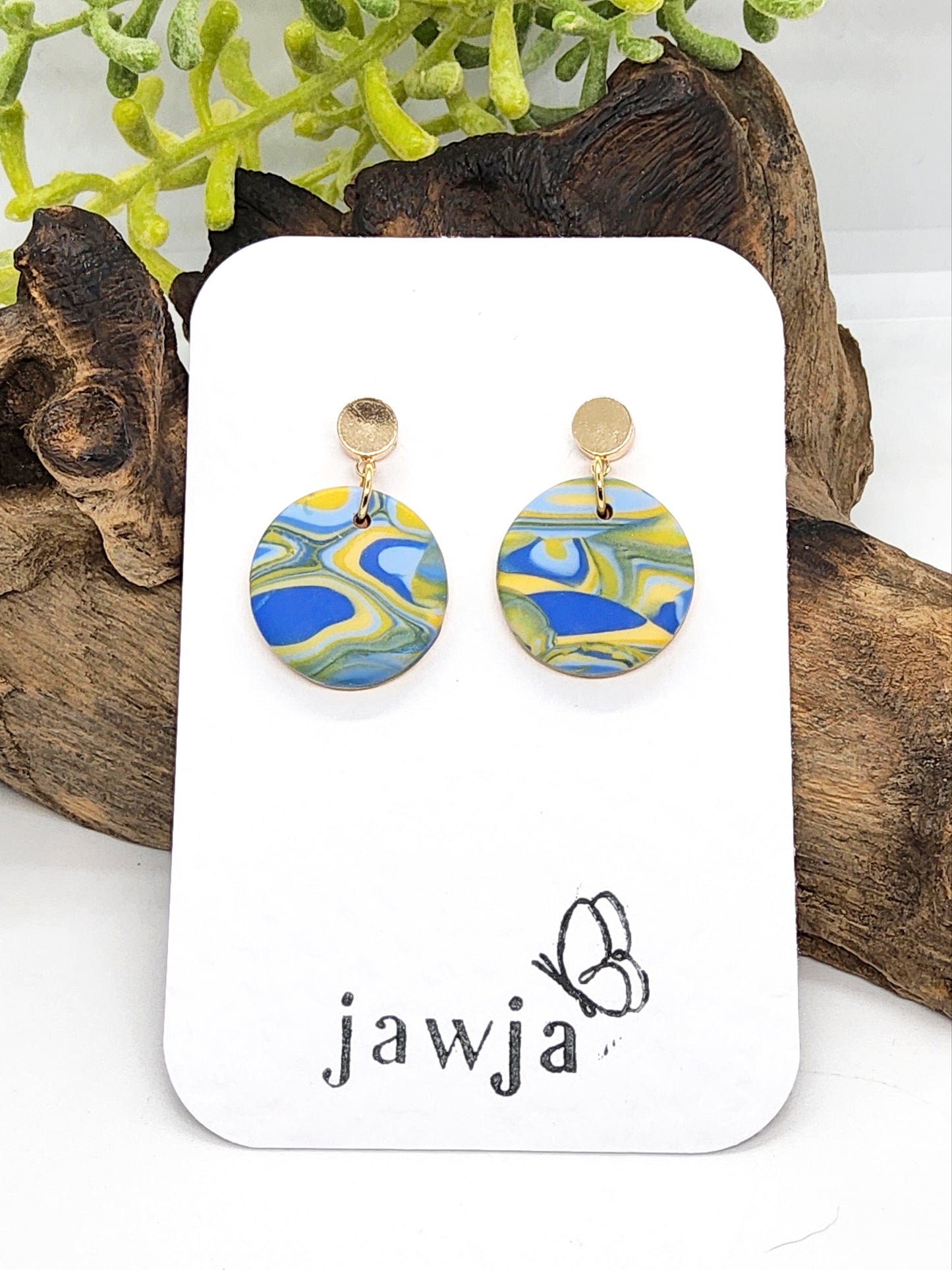 BLUE, YELLOW AND GREEN POLYMER CLAY EARRINGS