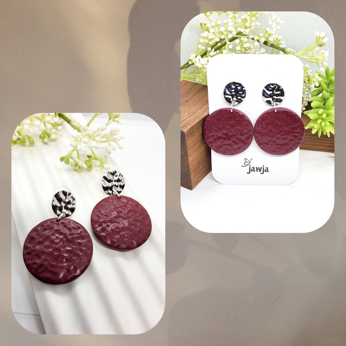 HAMMERED CIRCLE POLYMER CLAY EARRINGS IN BORDEAUX