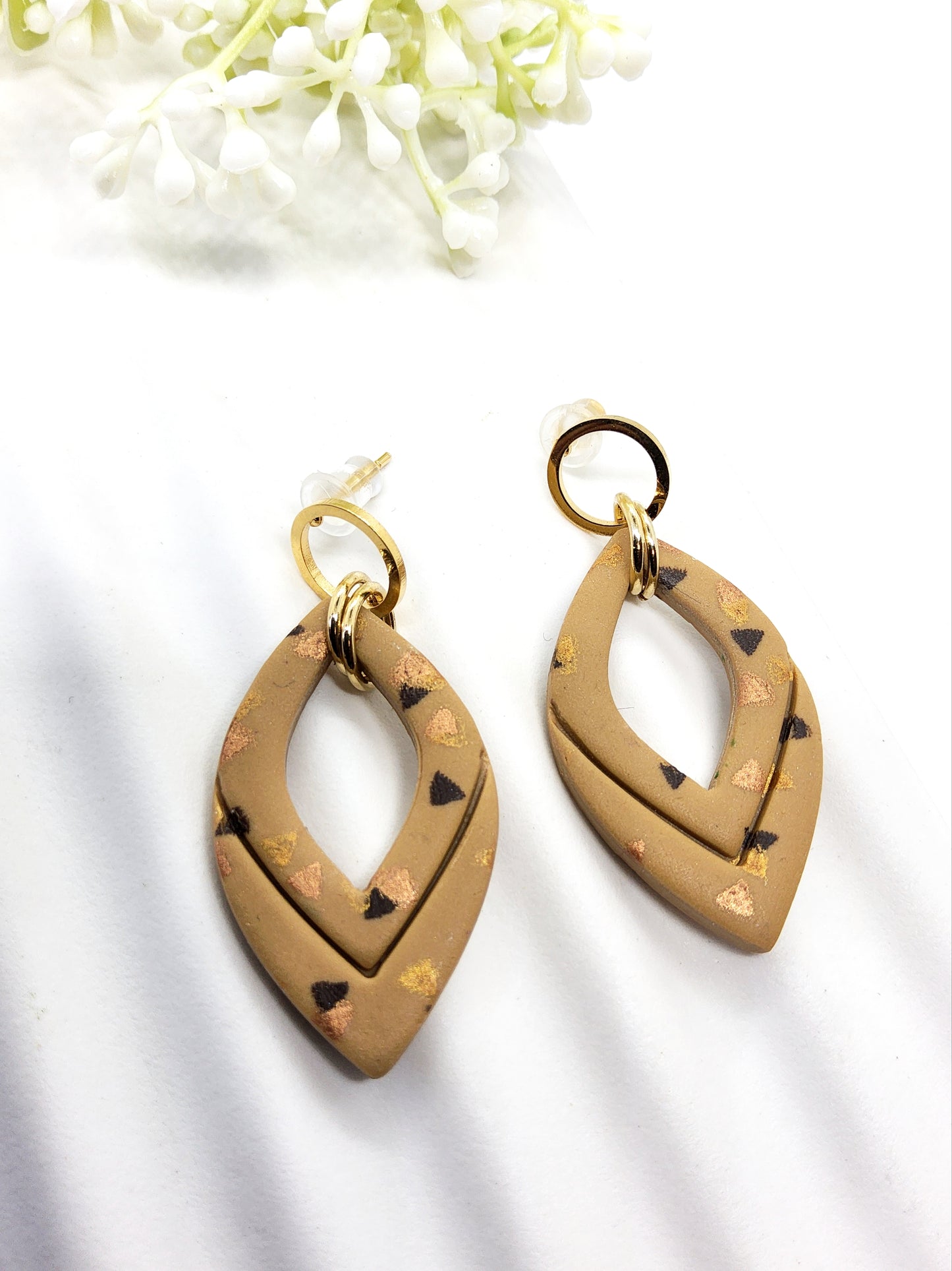 CHOCOLATE AND GOLD TRIANGLE POLYMER CLAY EARRINGS