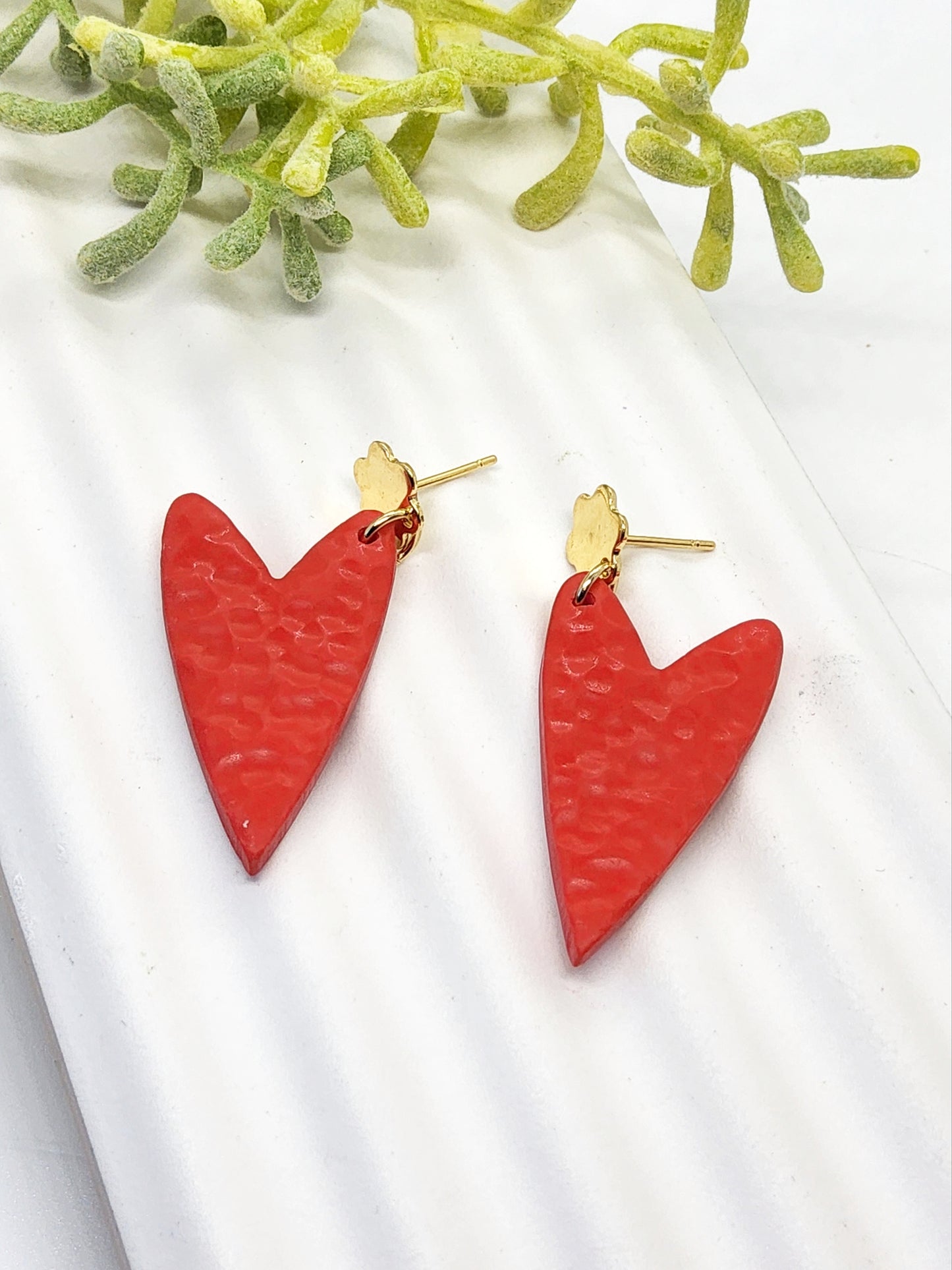 CORAL RED HEART POLYMER CLAY EARRINGS