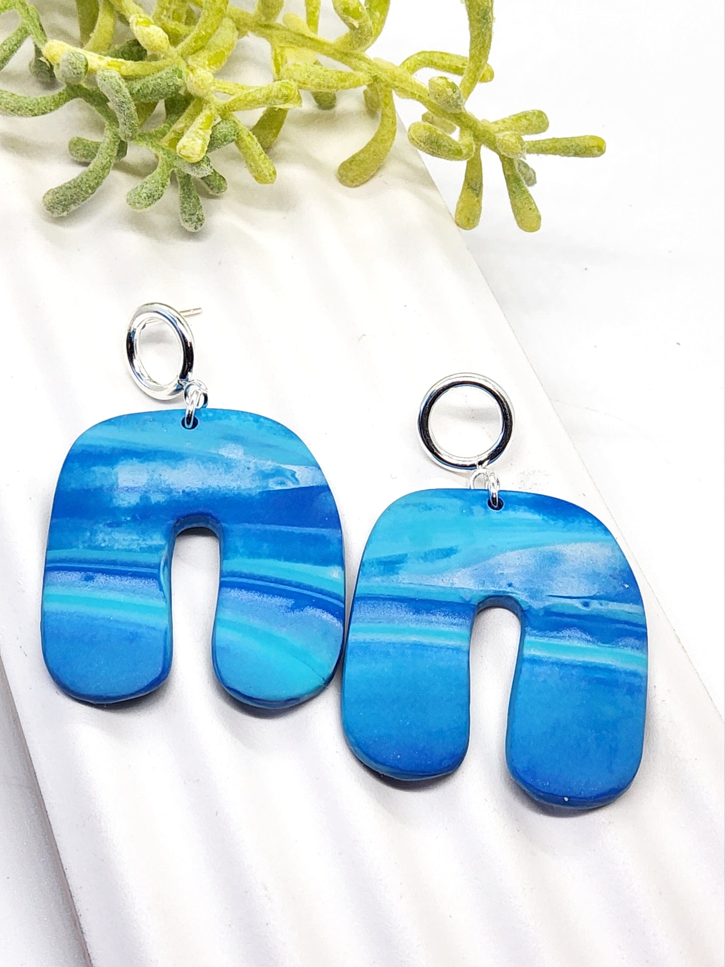 SHADES OF BLUE AND SILVER STATEMENT POLYMER CLAY EARRINGS