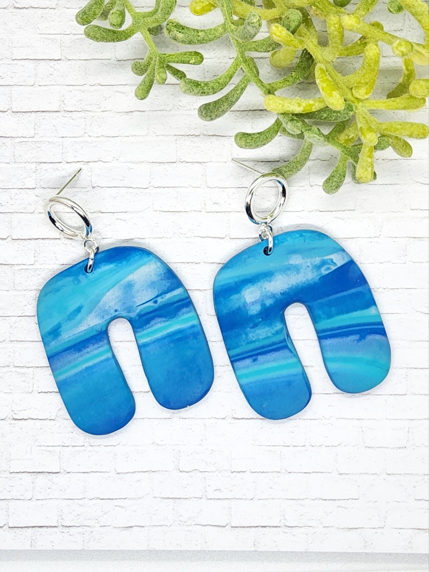 SHADES OF BLUE AND SILVER STATEMENT POLYMER CLAY EARRINGS