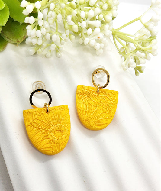 YELLOW SUNFLOWER EMBOSSED POLYMER CLAY EARRINGS