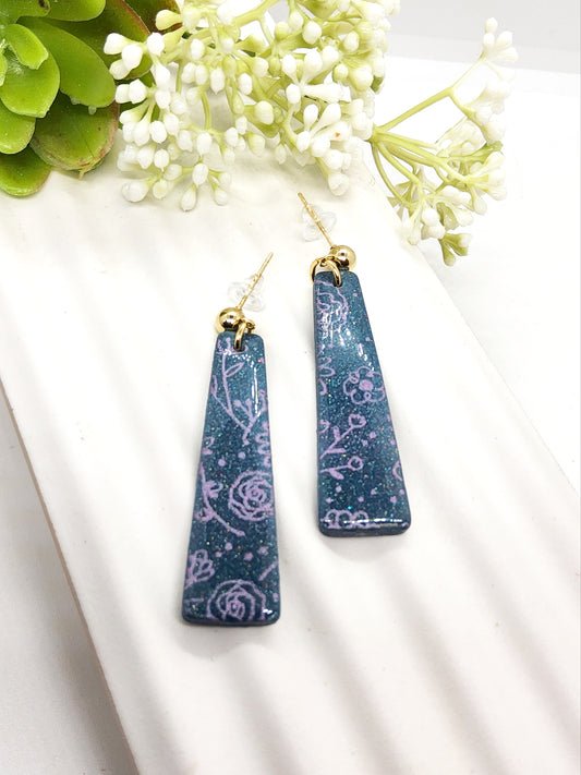 LAGOON BLUE WITH LILAC FLOWER PATTERN POLYMER CLAY EARRINGS