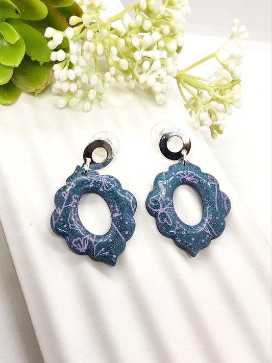 DEEP TEAL WITH LAVENDER PRINT POLYMER CLAY EARRINGS