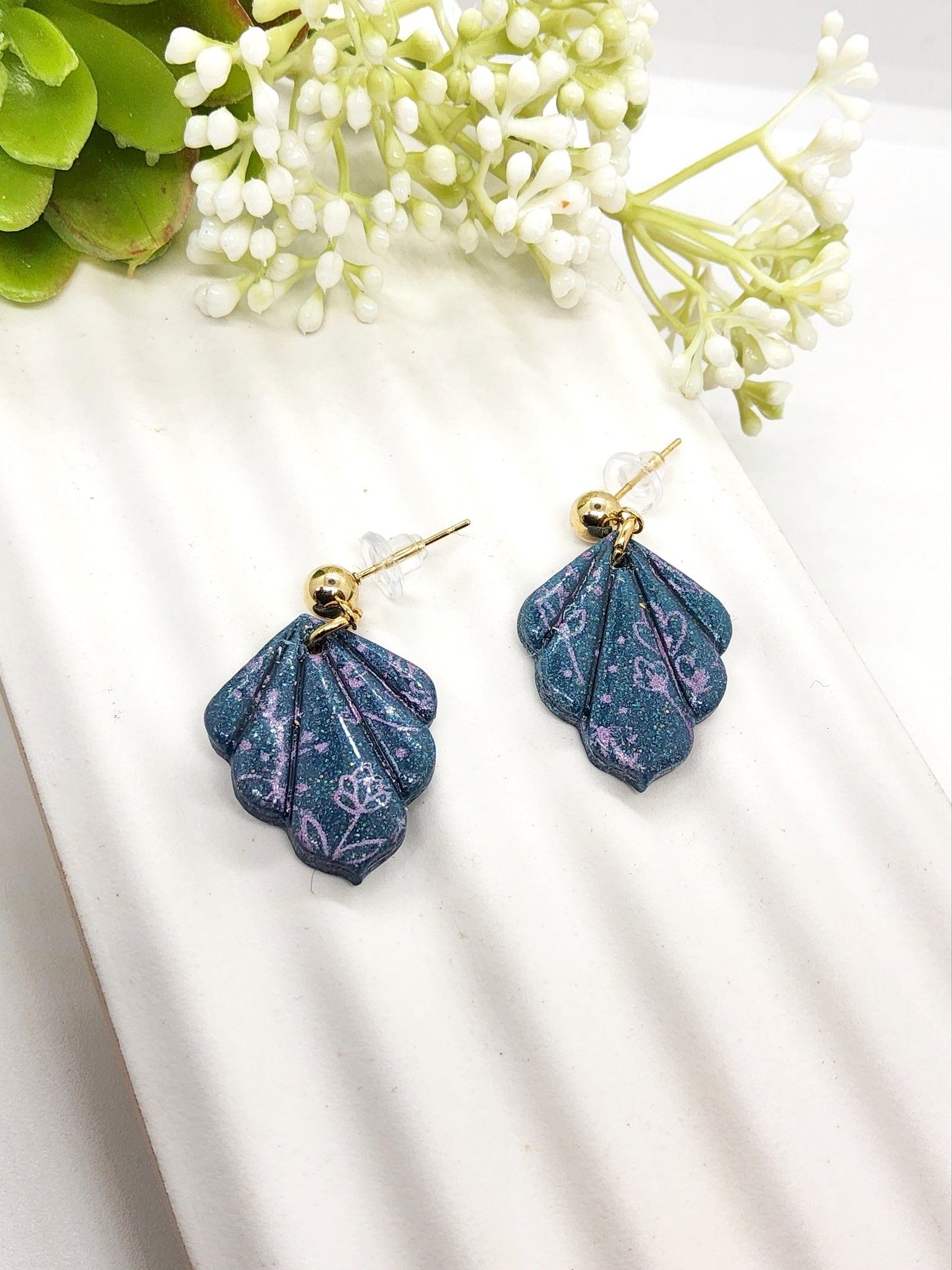 LAGOON BLUE SHELL SHAPED POLYMER CLAY EARRINGS