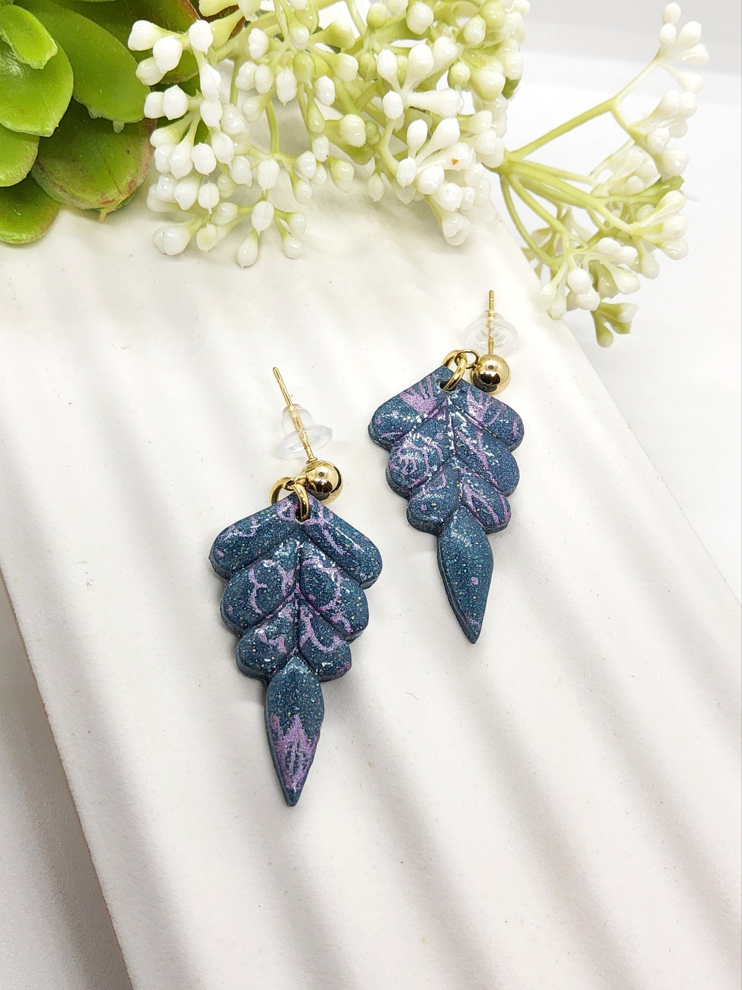 LAGOON BLUE WITH LILAC FLOWERS POLYMER CLAY EARRINGS