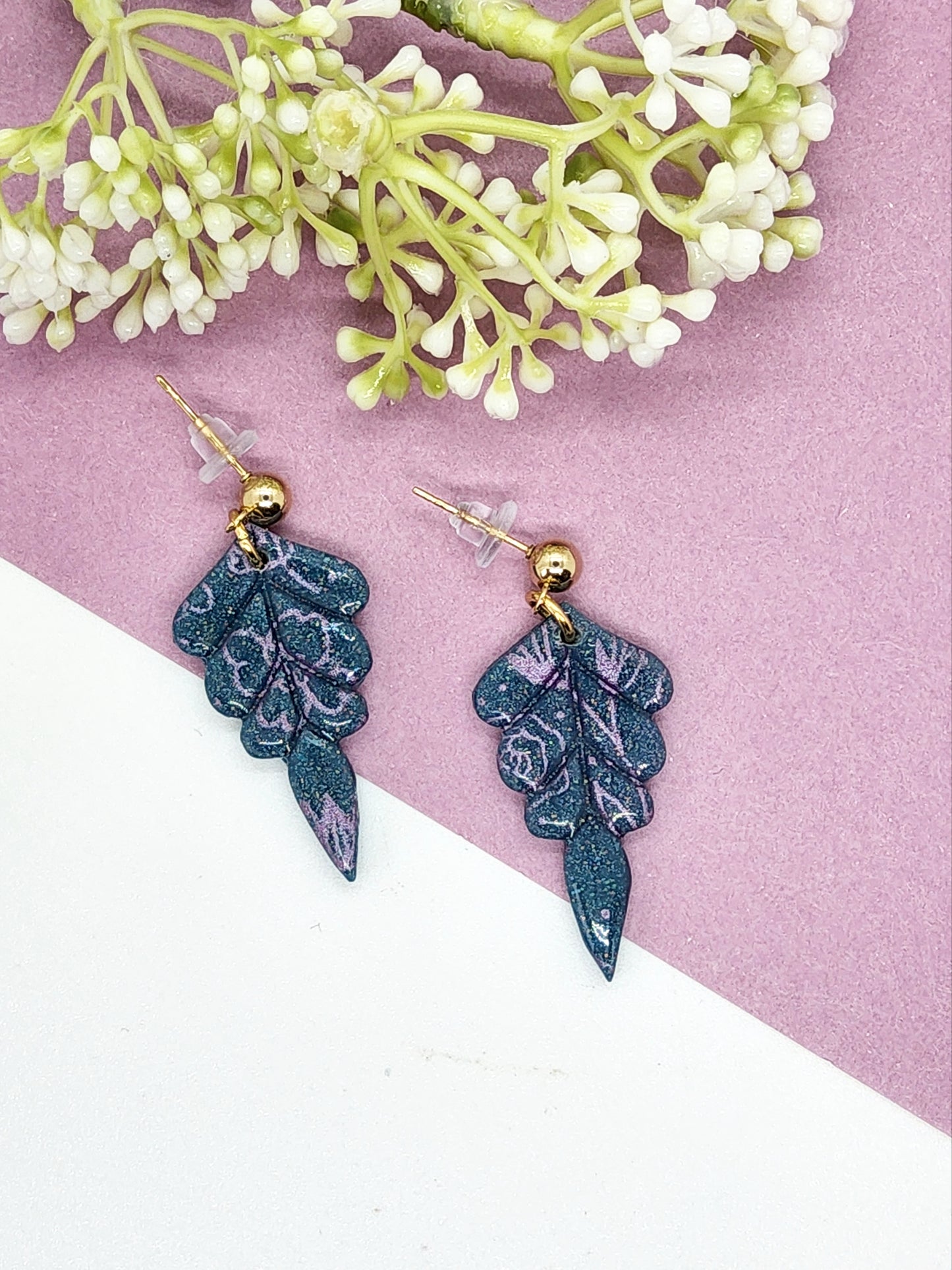 LAGOON BLUE WITH LILAC FLOWERS POLYMER CLAY EARRINGS